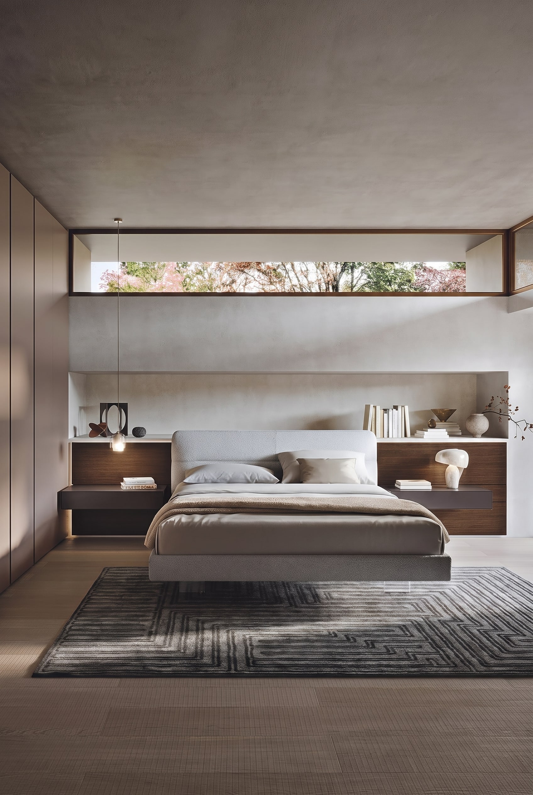 Twee identieke, minimalistische nachtkastjes met elk één lade, die symmetrisch naast een modern bed staan en zorgen voor visuele rust in de slaapkamer.