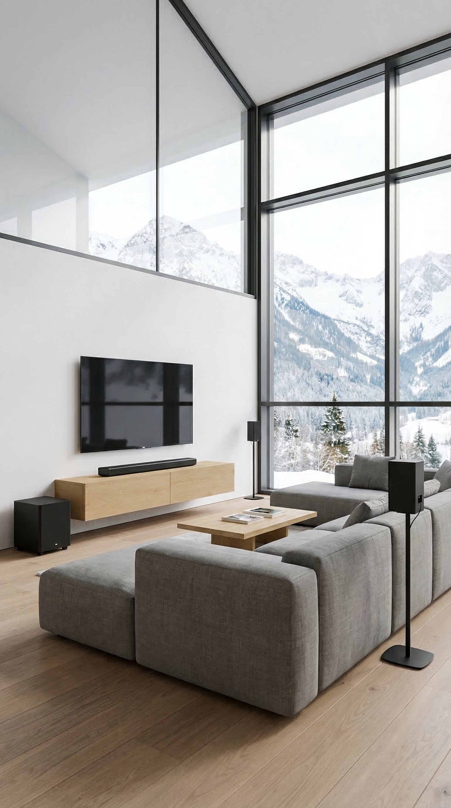 Ein schwebendes TV-Lowboard aus echtem Eichenholz-Furnier vor einer weißen Wand, kombiniert mit einem modernen Fernseher. Ein schwebendes TV-Lowboard aus echtem Eichenholz-Furnier vor einer weißen Wand, kombiniert mit einem modernen Fernseher.