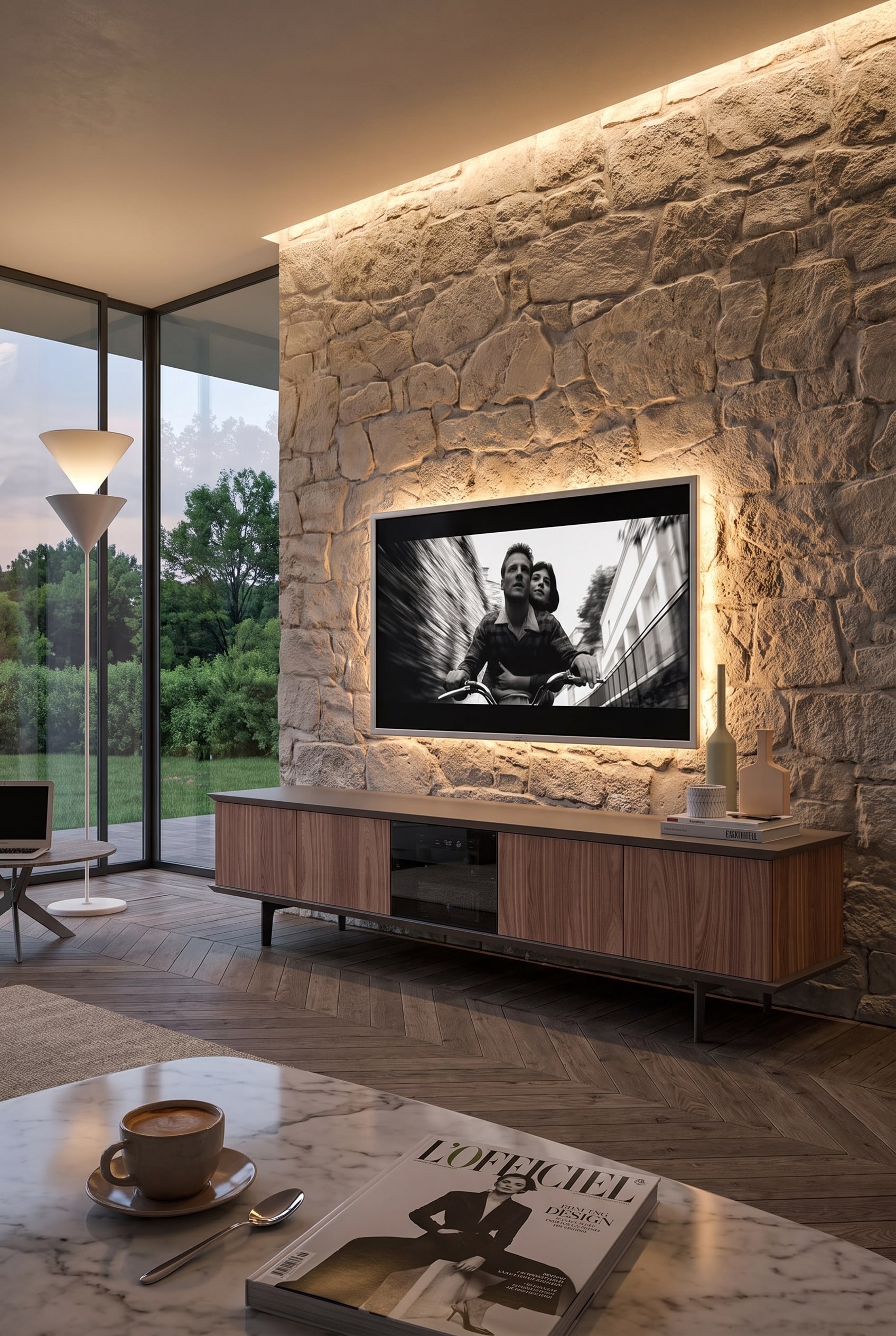 Salon avec meuble TV bas et façade acoustique devant un mur en pierre naturelle, grand écran plat, tasse de café sur la table, vue sur la verdure
