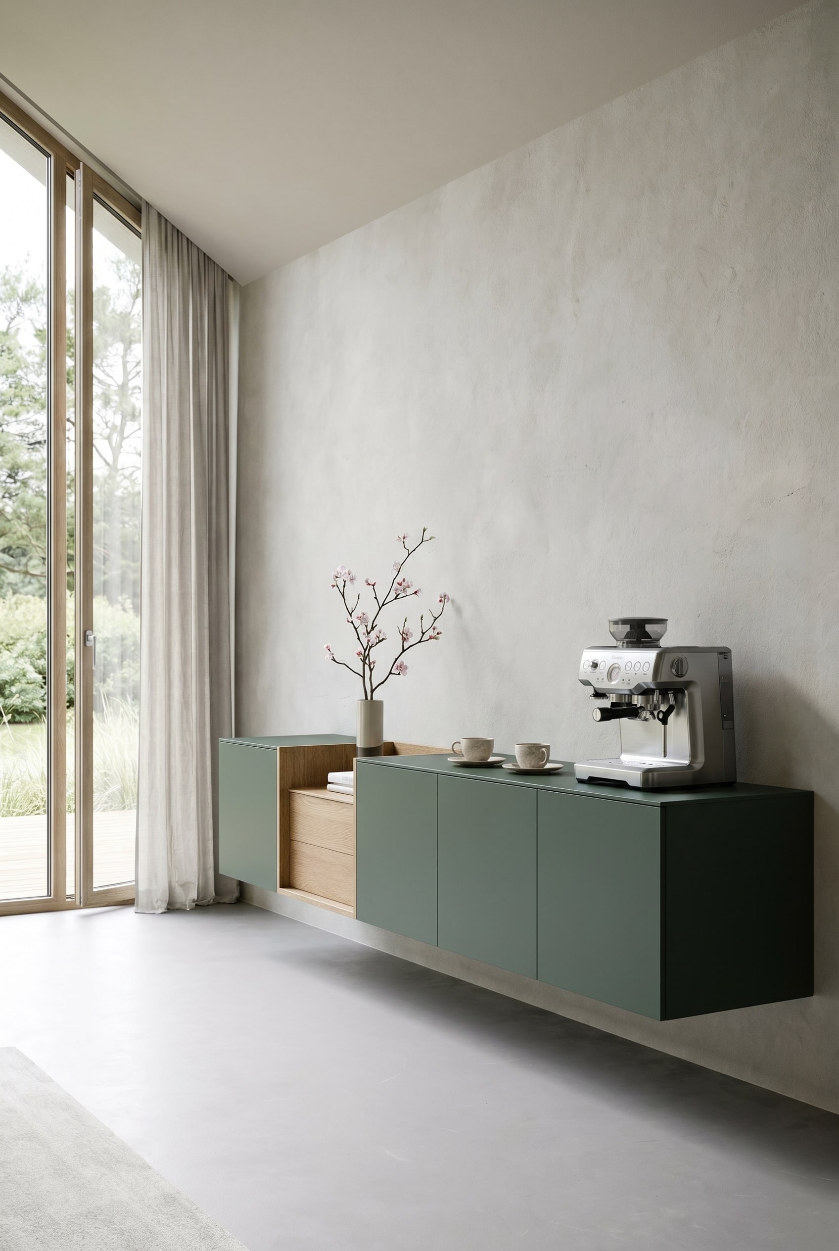 Zwevend Novamobili Box 18 Wand Sideboard in saliegroen, minimalistisch gedecoreerd met een elegante koffiemachine en fijne kopjes voor een stijlvolle lentebunch.