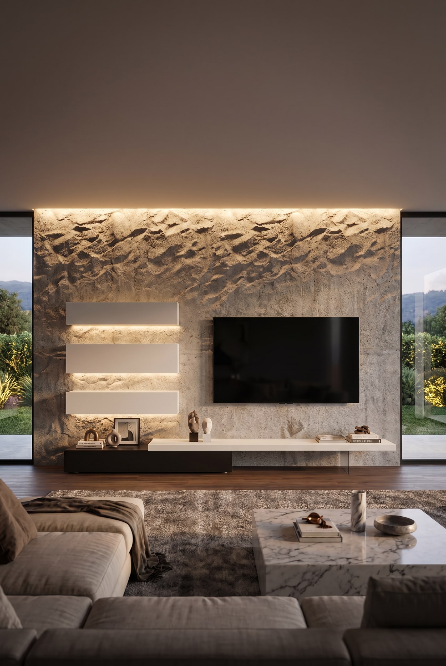 Eine asymmetrische Livitalia Wohnwand C107 mit integrierter LED-Beleuchtung vor einer markanten Natursteinwand in einem lichtdurchfluteten Wohnzimmer.