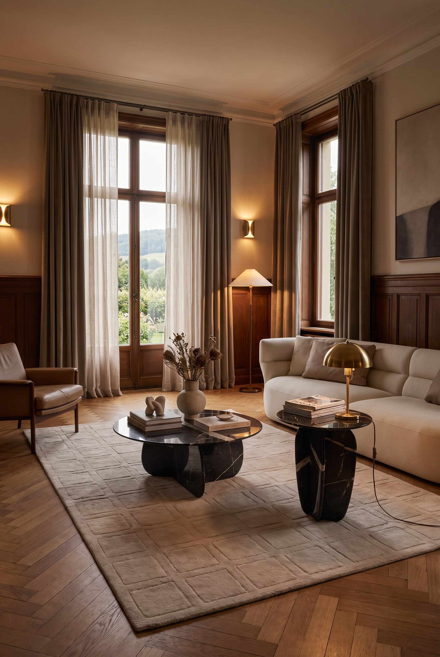 Un tavolino da caffè basso a forma di rene in travertino scuro si trova su un tappeto quadrato al centro di una stanza d'epoca con boiserie in legno.