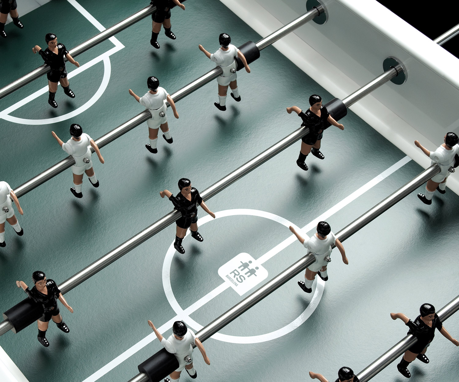 RS Barcelona Foosball table RS#2 detail playing surface playing pieces RS Barcelona Foosball table RS#2 detail playing surface playing pieces