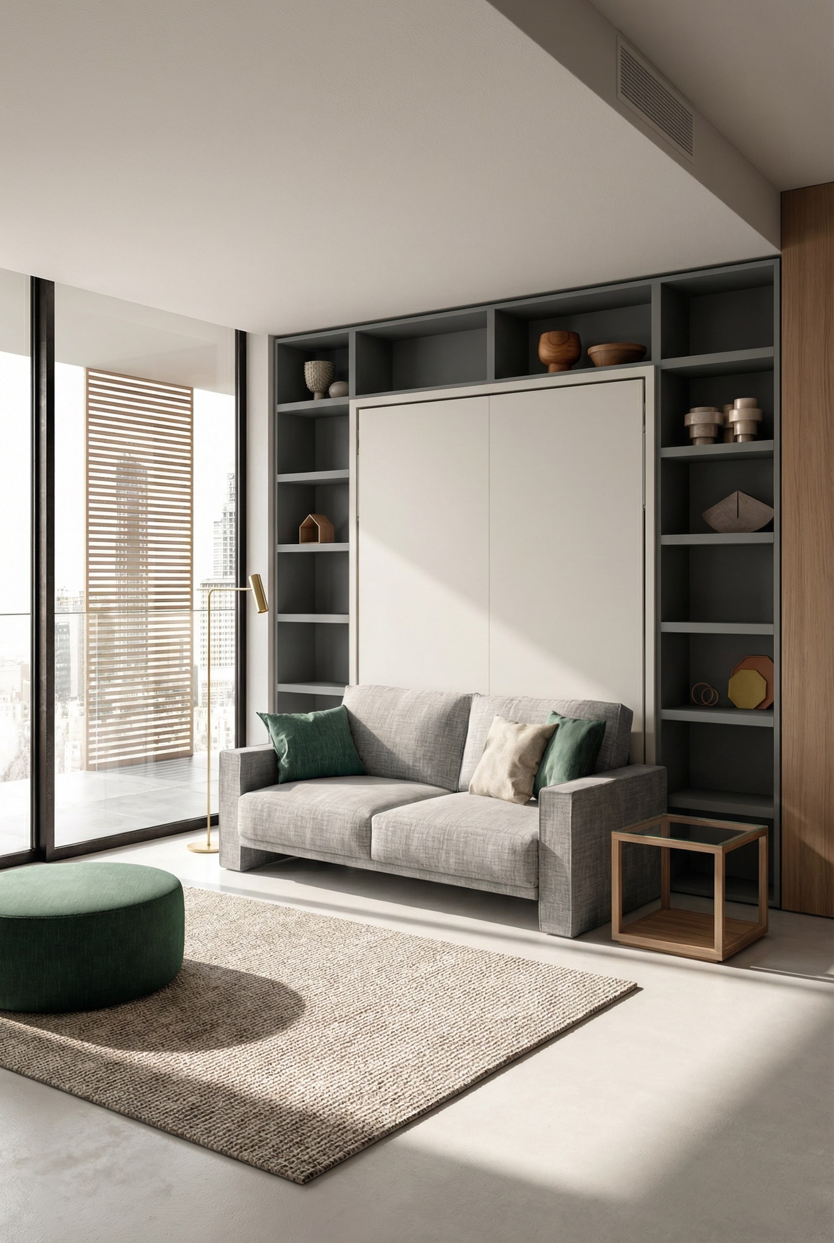 Elegant wall bed with integrated sofa in a modernly furnished studio apartment Elegant wall bed with integrated sofa in a modernly furnished studio apartment