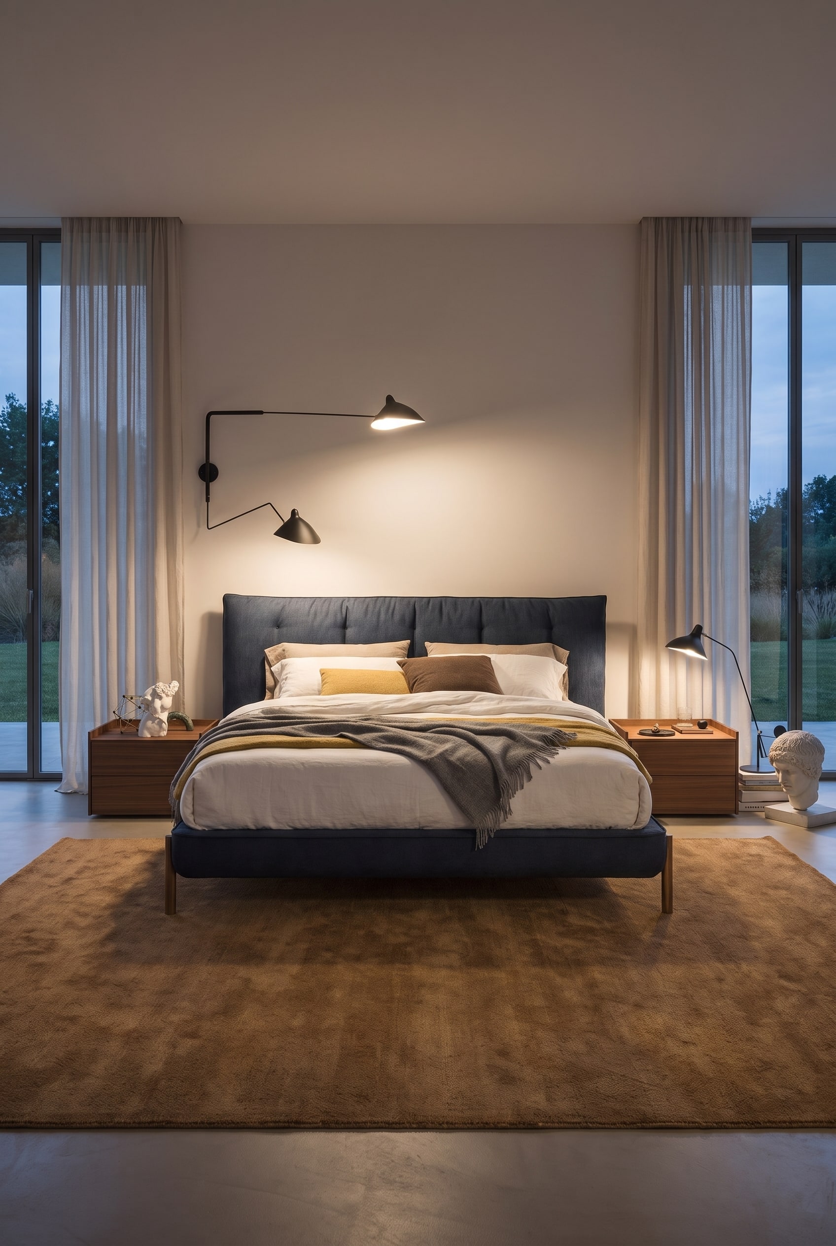 Elegantes Schlafzimmer mit modernem Polsterbett in Dunkelblau auf einem großen, weichen Teppich platziert Elegantes Schlafzimmer mit modernem Polsterbett in Dunkelblau auf einem großen, weichen Teppich platziert