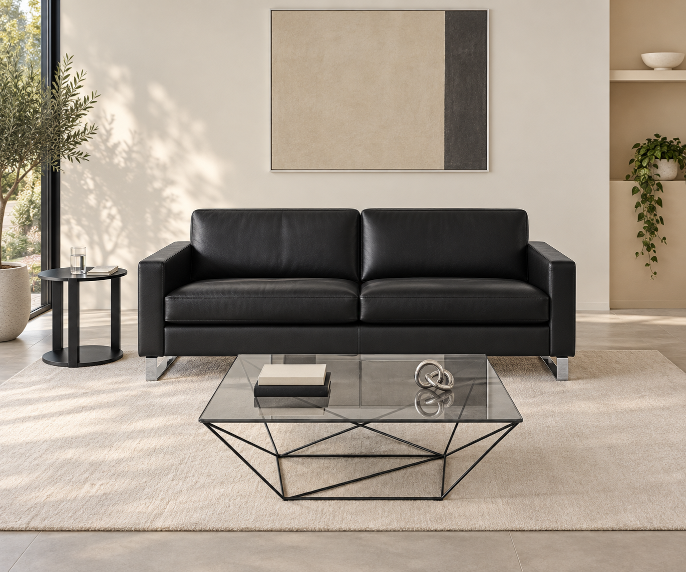 Livitalia Sofa Vinaro, 206 × 91 cm, Seminole 04 Black, genuine leather, chrome runners – Front view with coffee table