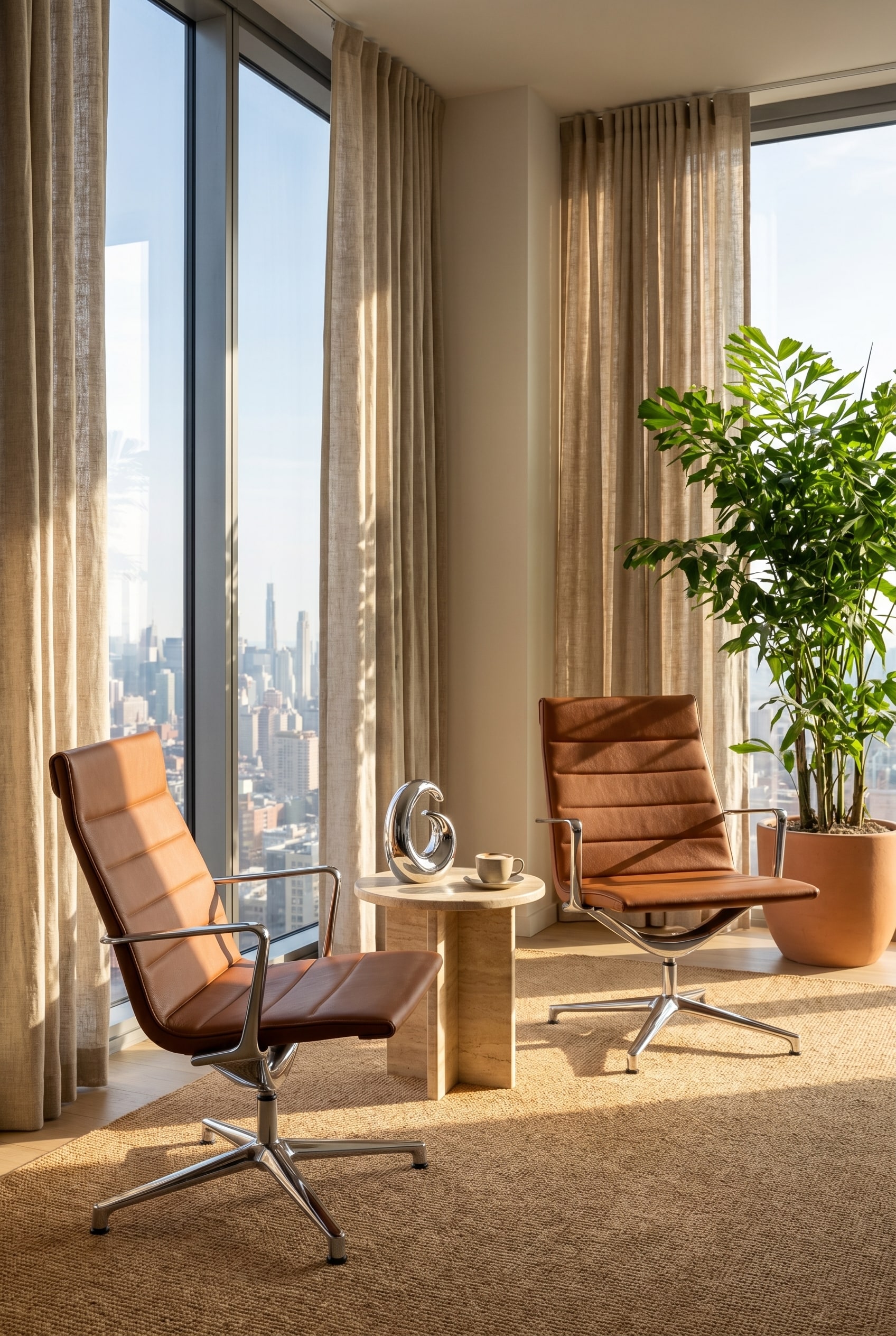 Sedia da ufficio lounge color cognac in un angolo soleggiato con grande finestra e tende in lino strutturato