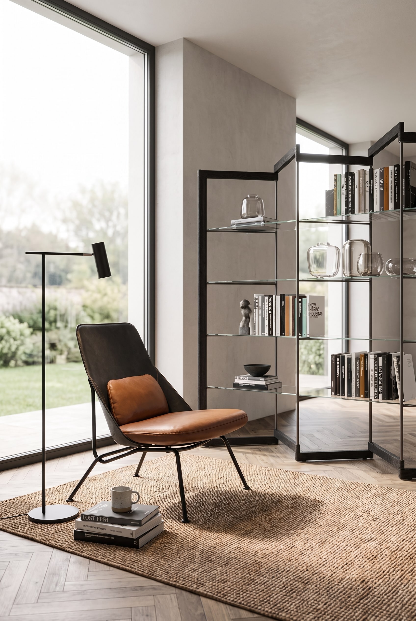 Coin lecture baigné de lumière près de la fenêtre avec un fauteuil confortable et une étagère en verre transparente comme séparateur de pièce