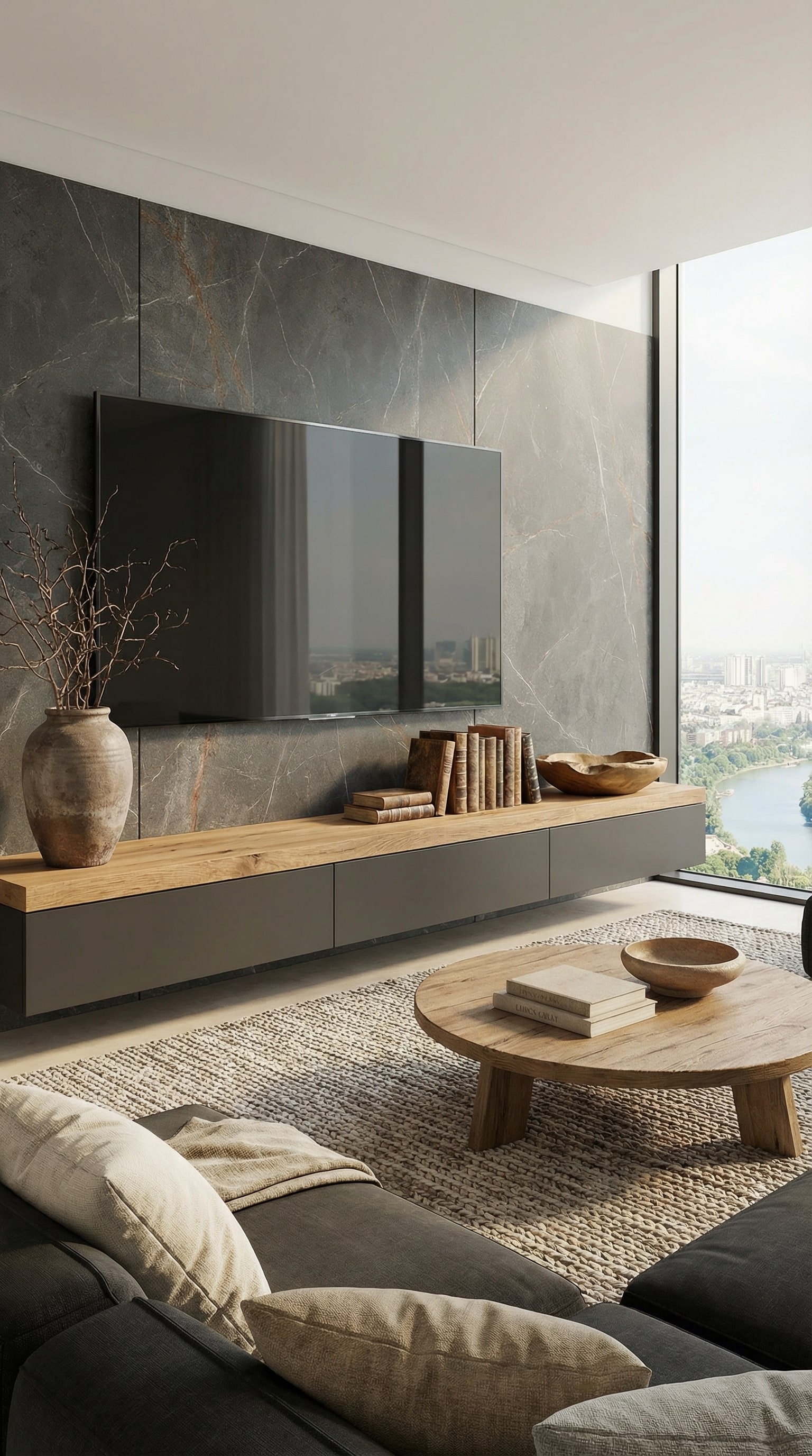 Solid wood lowboard with thick top panel in modern living room Solid wood lowboard with thick top panel in modern living room