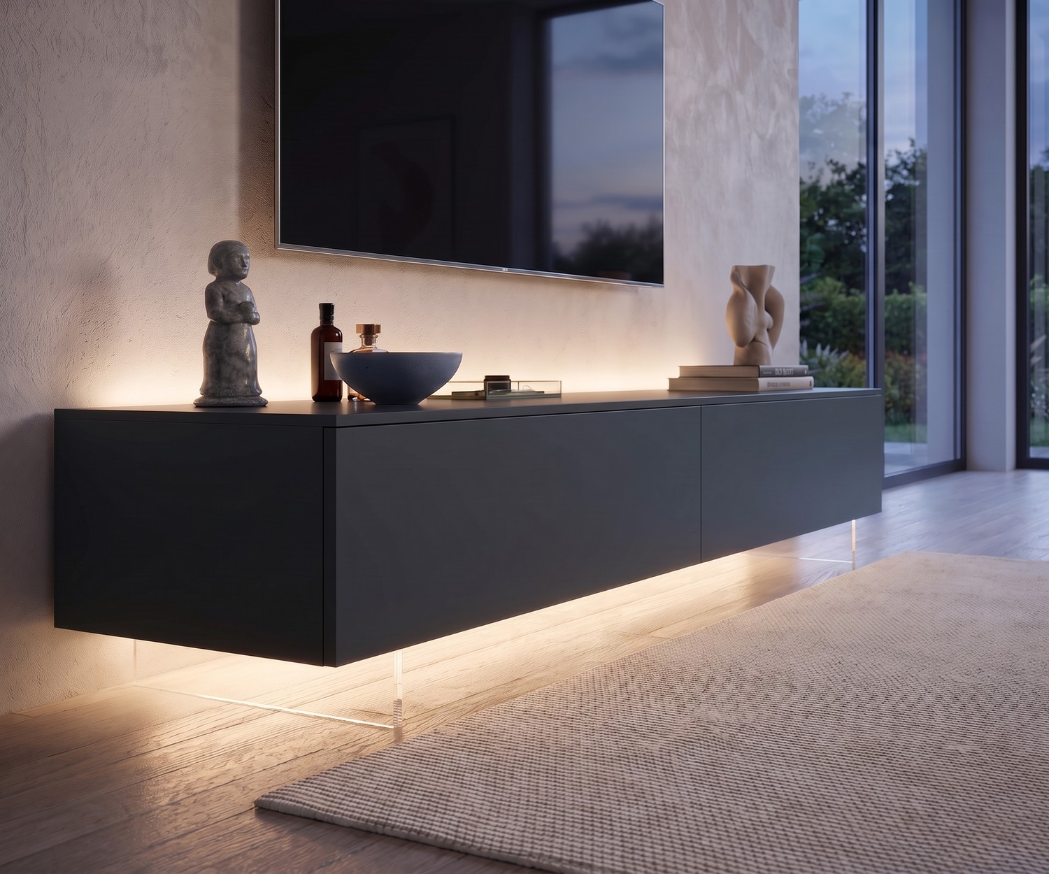 Livitalia Transparent TV Lowboard Plinth Transparent TV lowboard plinth by Livitalia creating a floating effect with LED light on wooden floor.