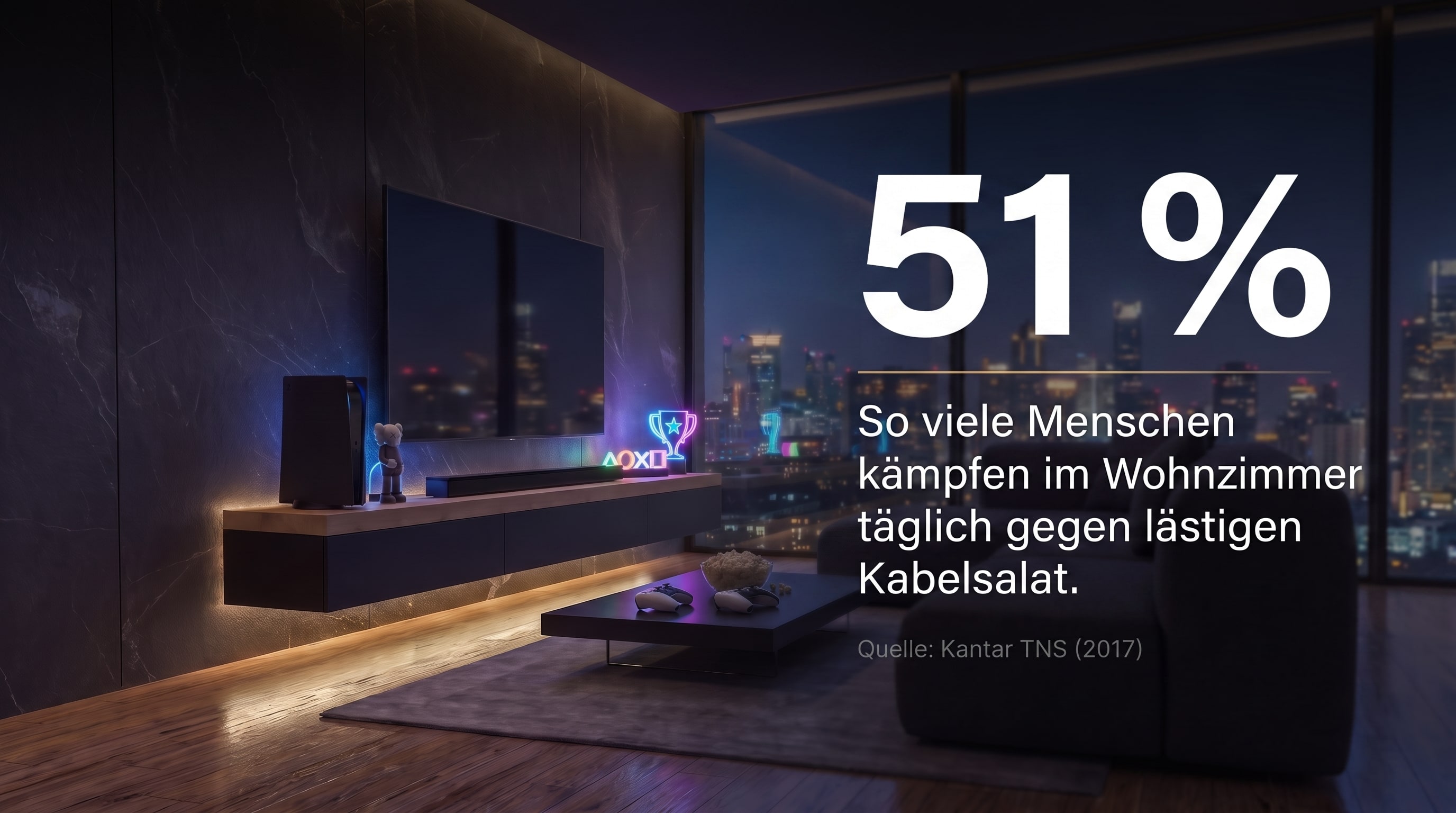 51 % &ndash; So viele Menschen k&auml;mpfen im Wohnzimmer t&auml;glich gegen l&auml;stigen Kabelsalat.
