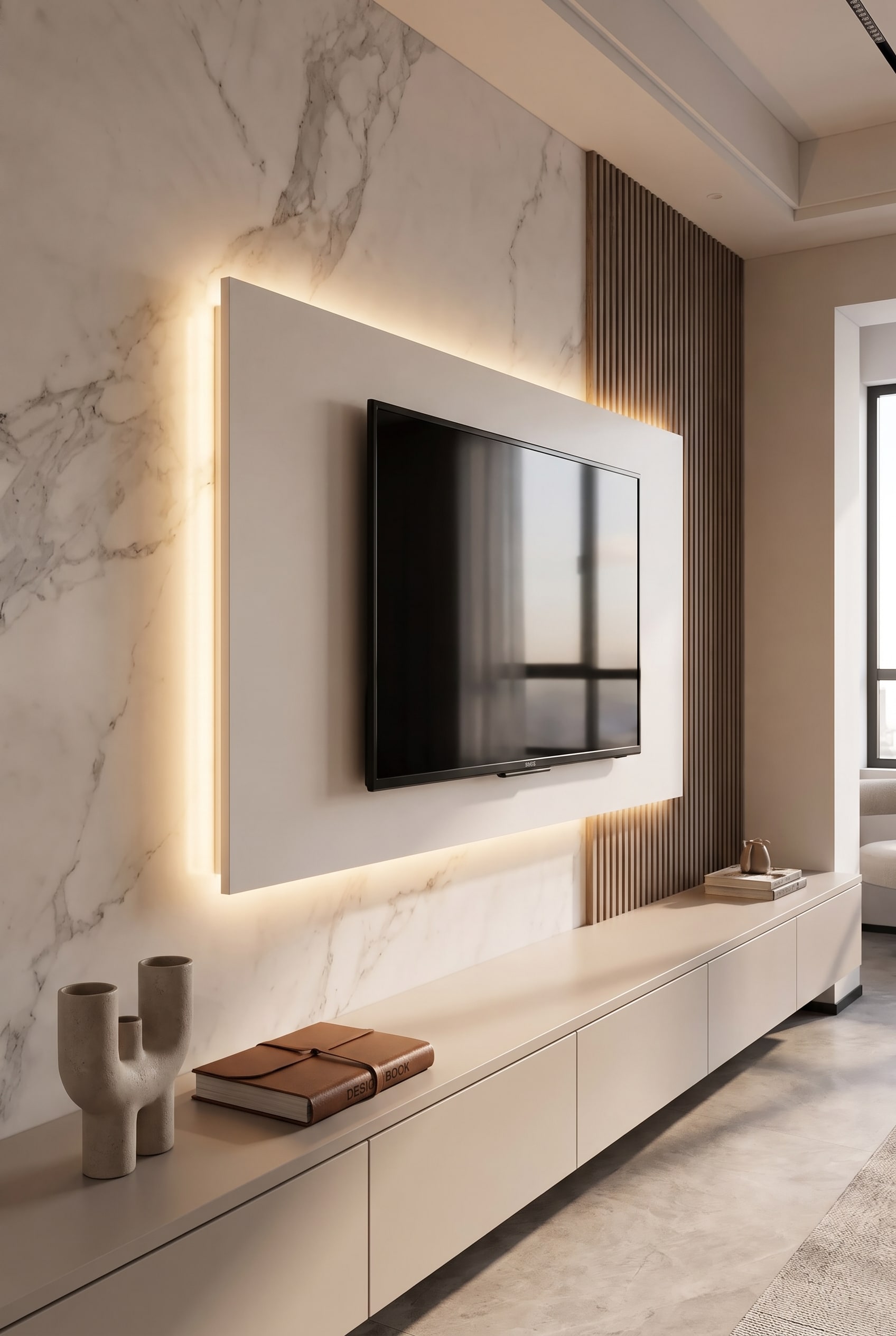 Salon avec un panneau mural TV en bois lisse, sur lequel le téléviseur est monté sans fil, avec rétroéclairage LED
