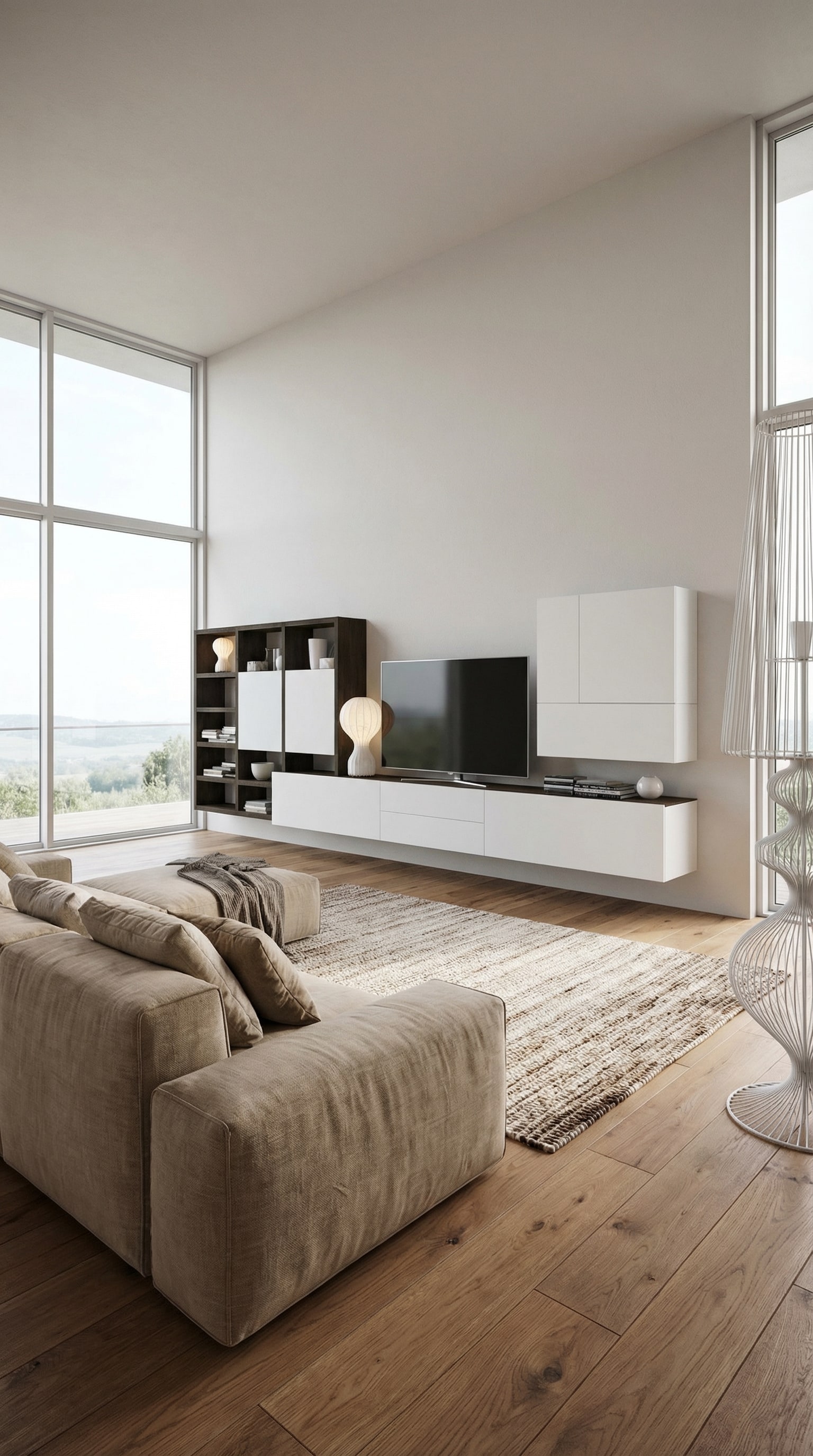 Meuble TV Livitalia C96B contrast&eacute; avec fa&ccedil;ades laqu&eacute;es blanches et &eacute;tag&egrave;res en bois fonc&eacute; dans une pi&egrave;ce lumineuse