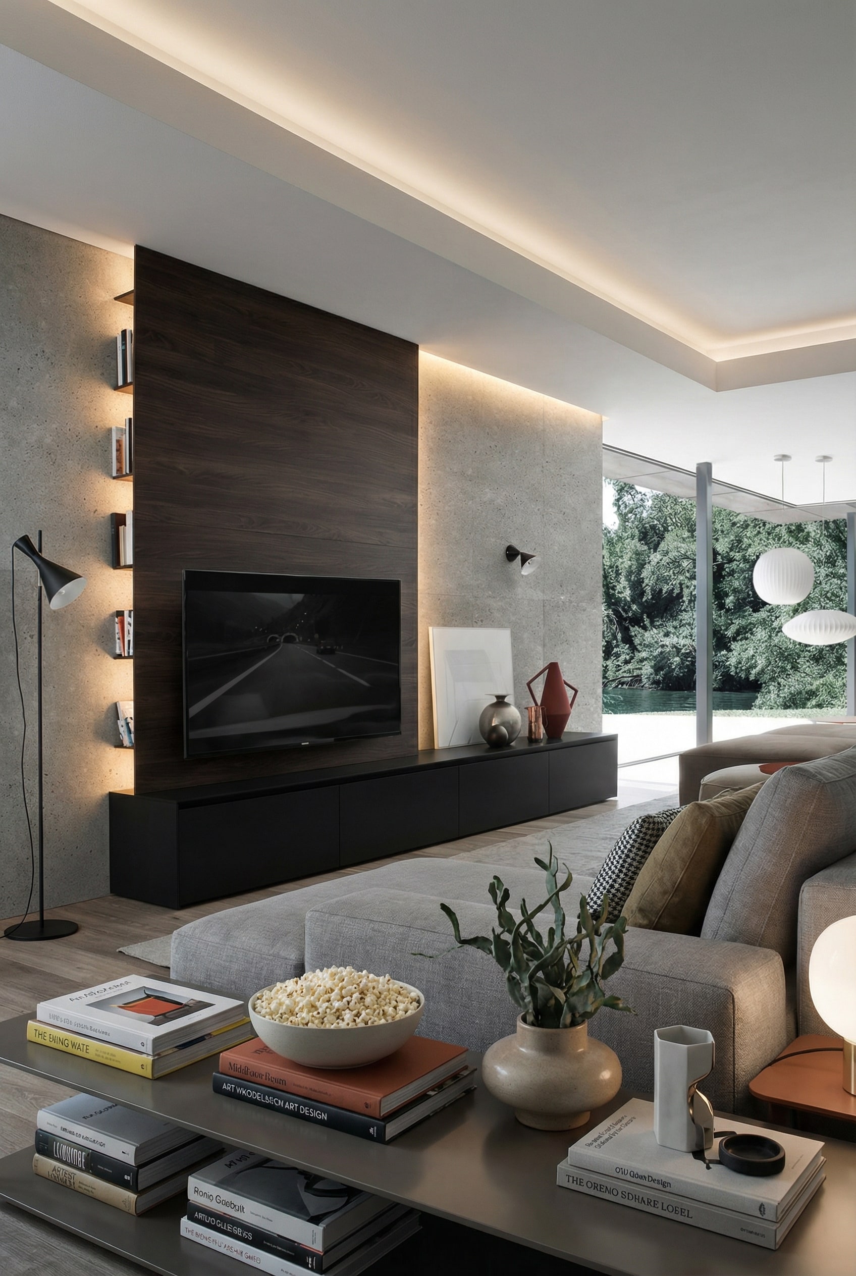 Panneau mural TV flottant Novamobili Reverse avec compartiments d'&eacute;tag&egrave;res lat&eacute;raux cach&eacute;s dans un salon minimaliste.