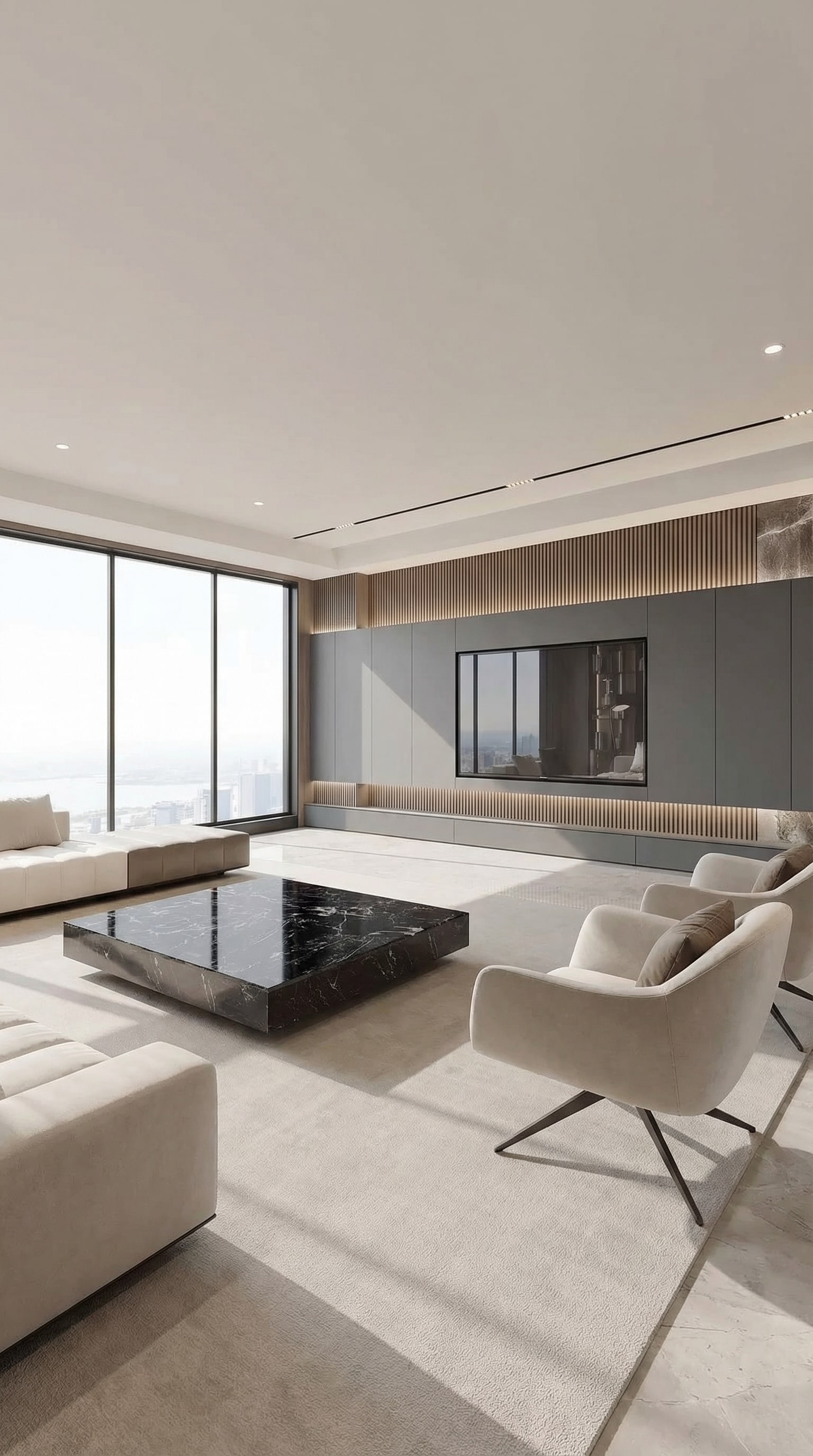 Meuble TV Livitalia C104 mat et sans poign&eacute;e dans un salon puriste avec technologie invisible