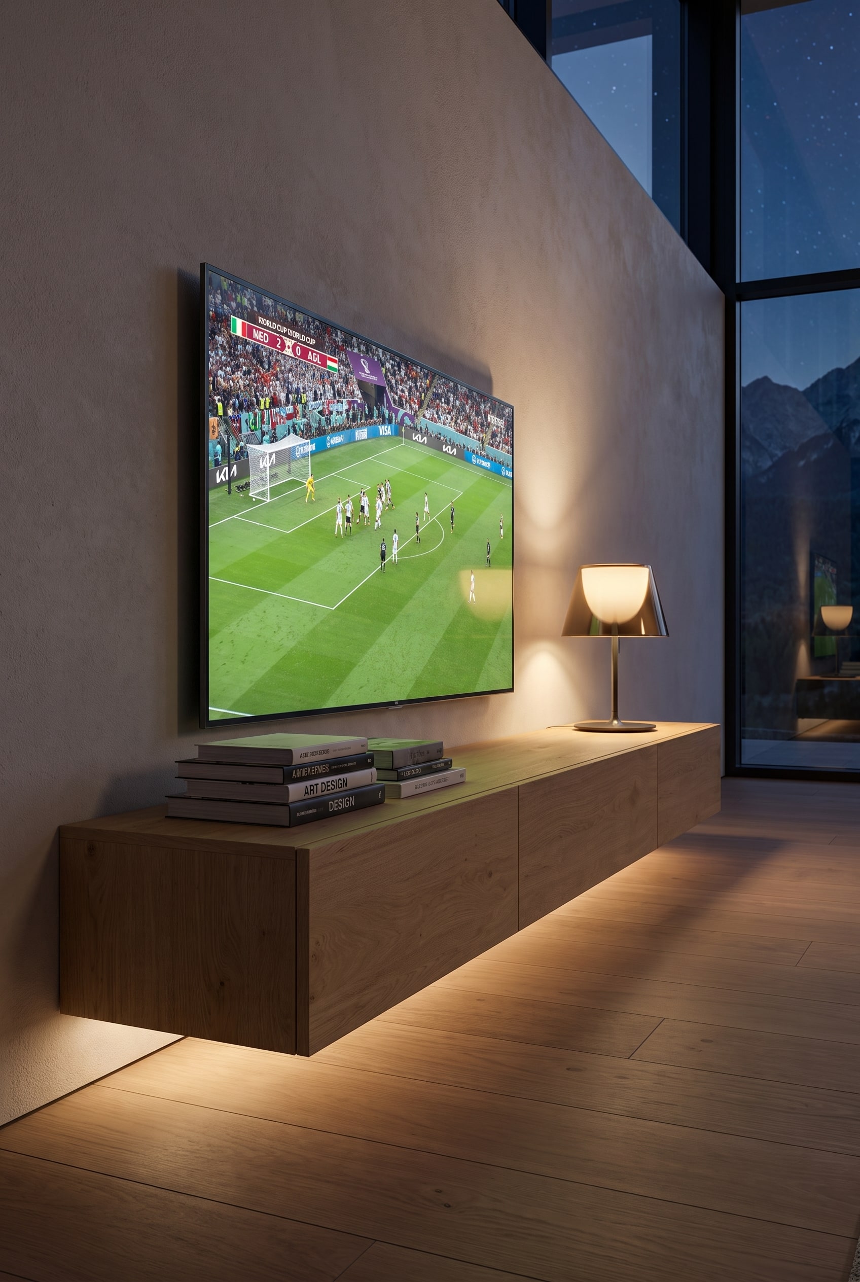 Hoogwaardig lowboard met fronten van houten lamellen, waarachter een soundbar onzichtbaar is geïntegreerd, daaronder indirecte verlichting