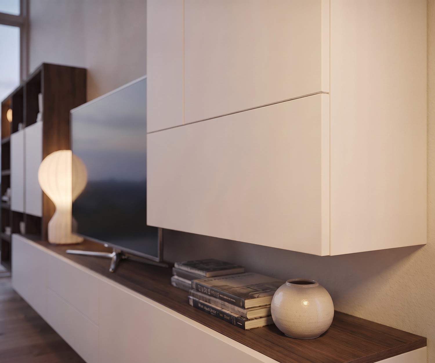 Design Wohnwand Livitalia C96B mit Lowboard in Weiß Matt und Eiche Braun für das moderne Wohnzimmer.