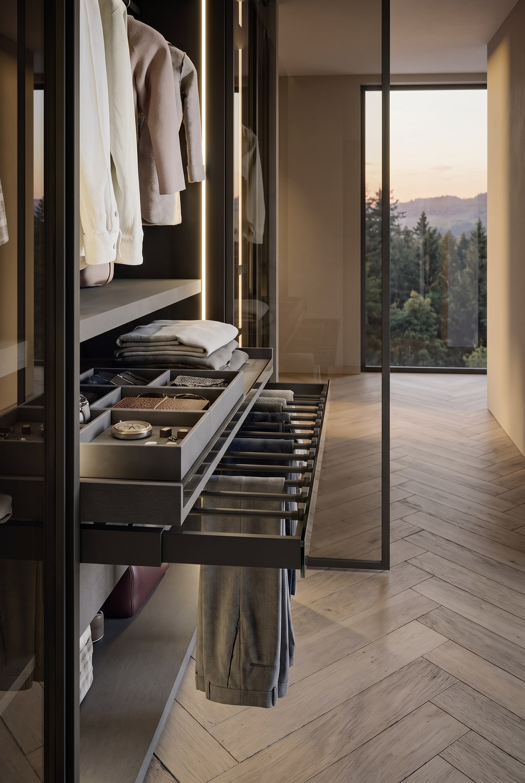 Open accessory drawer with compartments for watches and glasses, as well as a pull-out trouser rack in the Novamobili Perry wardrobe.