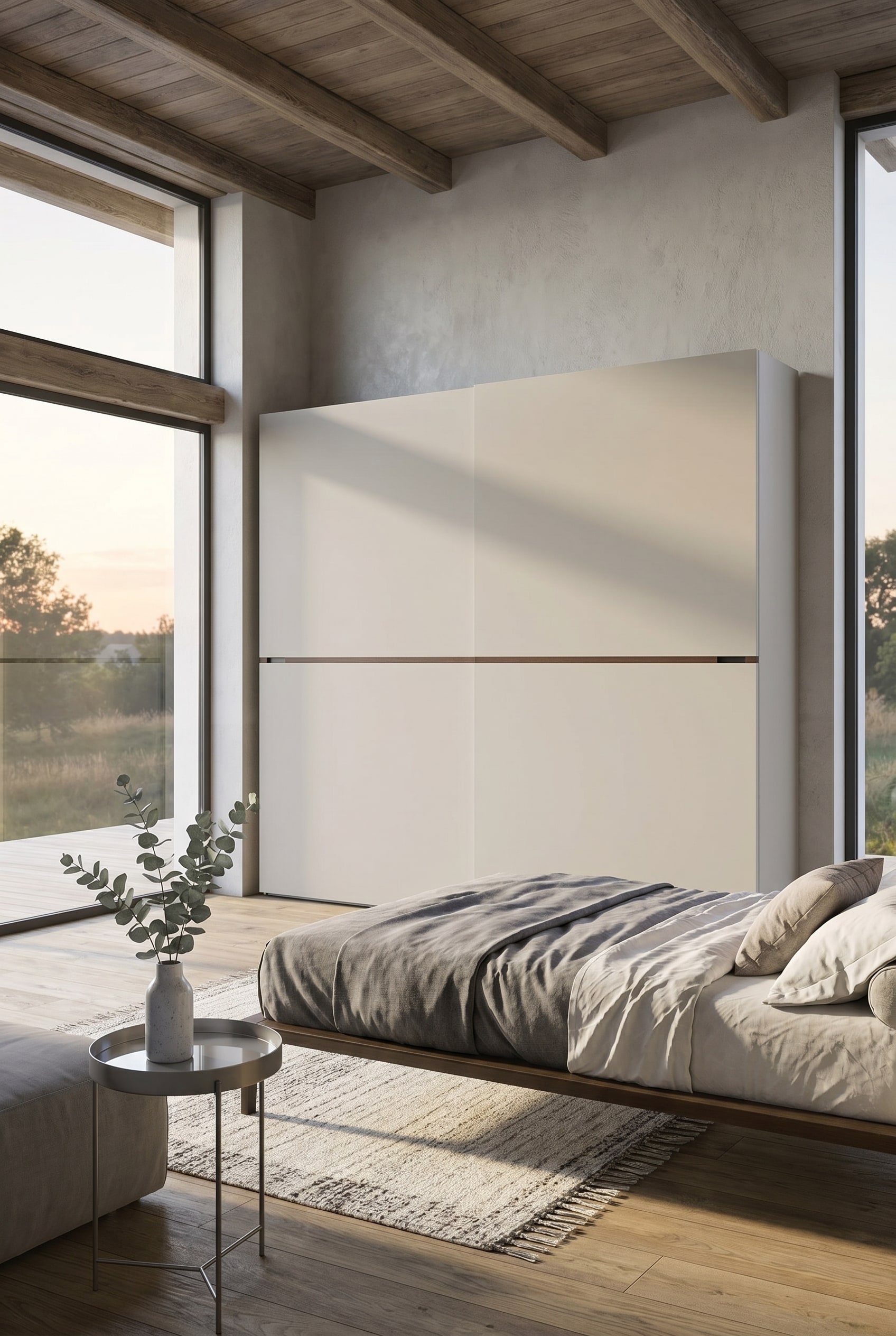 Minimalistische Feng Shui slaapkamer met brede schuifdeurkast in matte tinten Minimalistische Feng Shui slaapkamer met brede schuifdeurkast in matte tinten