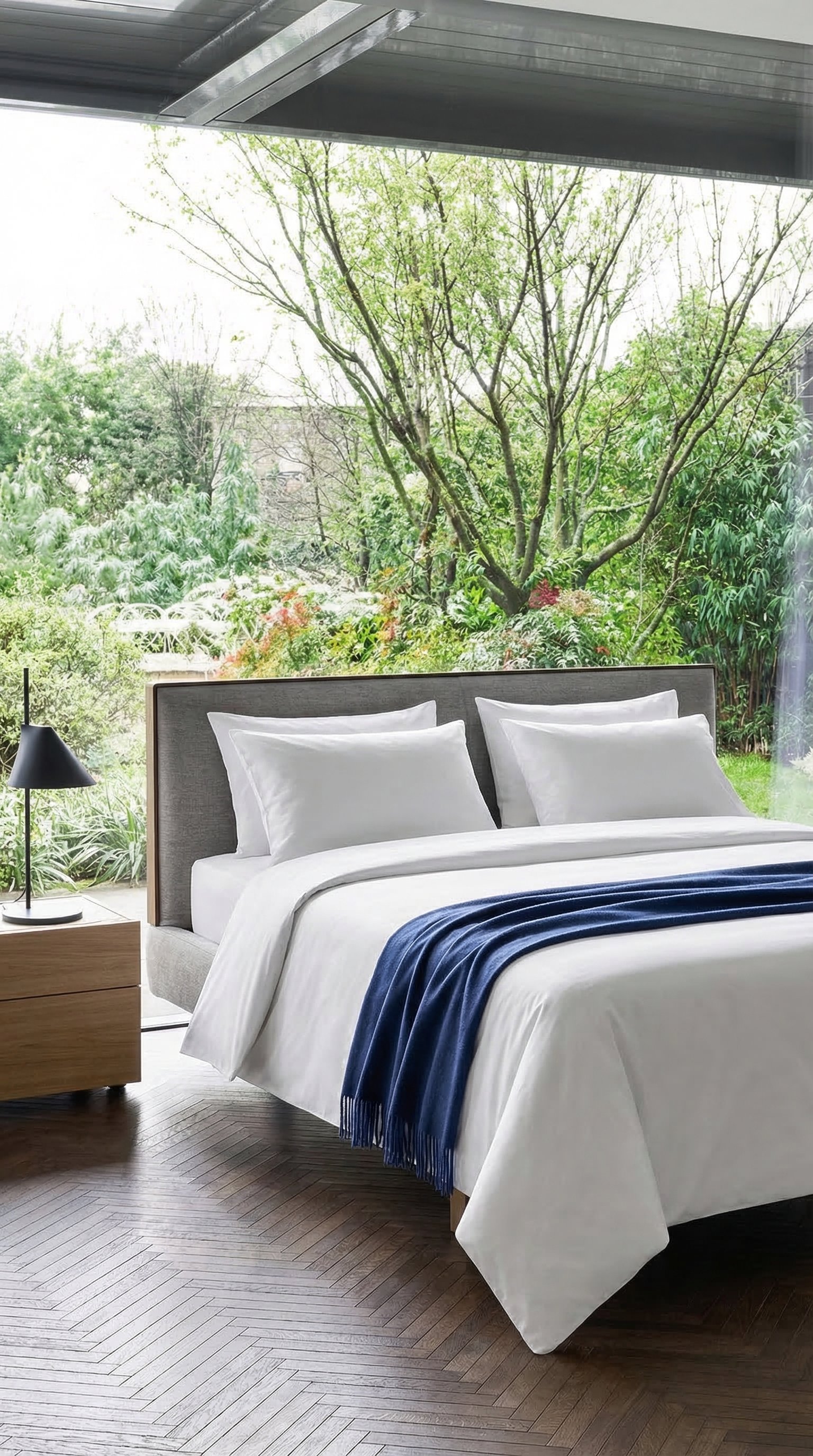 luxurioeses-straff-bezogenes-weisses-hotelbett-im-modernen-schlafzimmer luxurioeses-straff-bezogenes-weisses-hotelbett-im-modernen-schlafzimmer