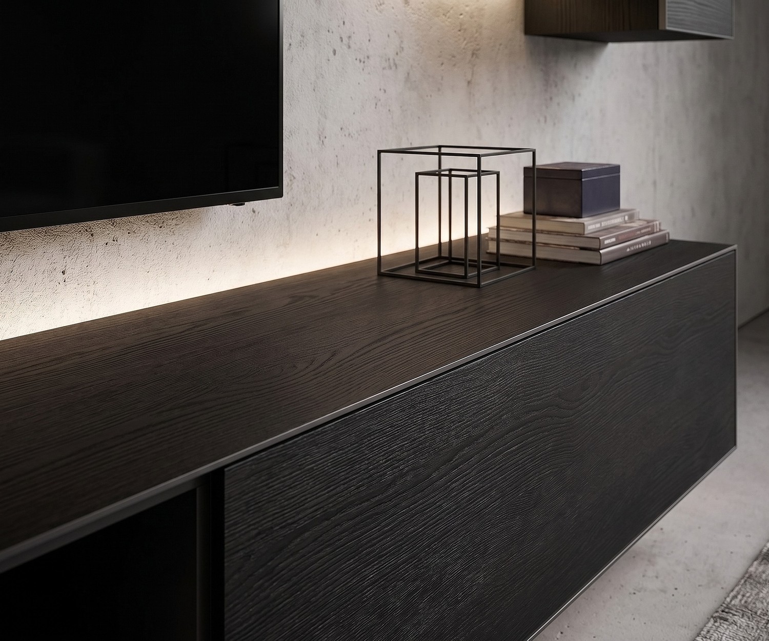 Livitalia Minimal Lowboard als modernes TV-Möbel aus Eiche Dunkel mit LED-Beleuchtung im Wohnzimmer.