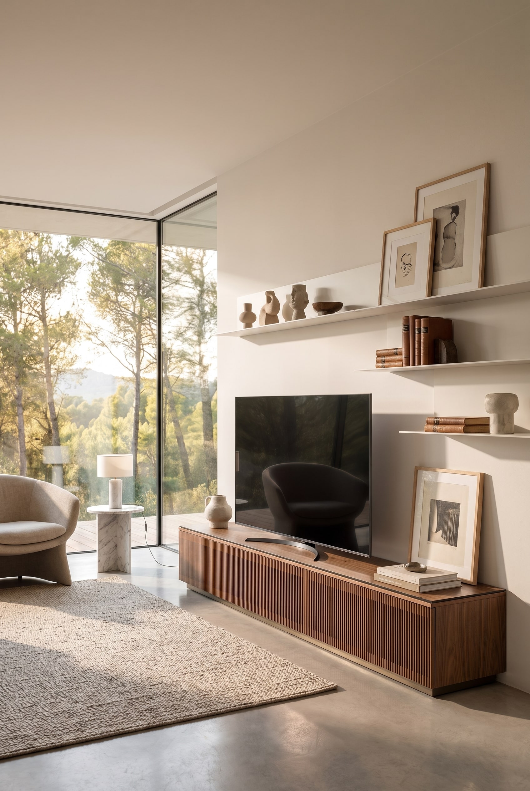 Detailed view of the Punt Malm&ouml; TV Lowboard in a modern living room, where elegant wooden fronts conceal the technology.