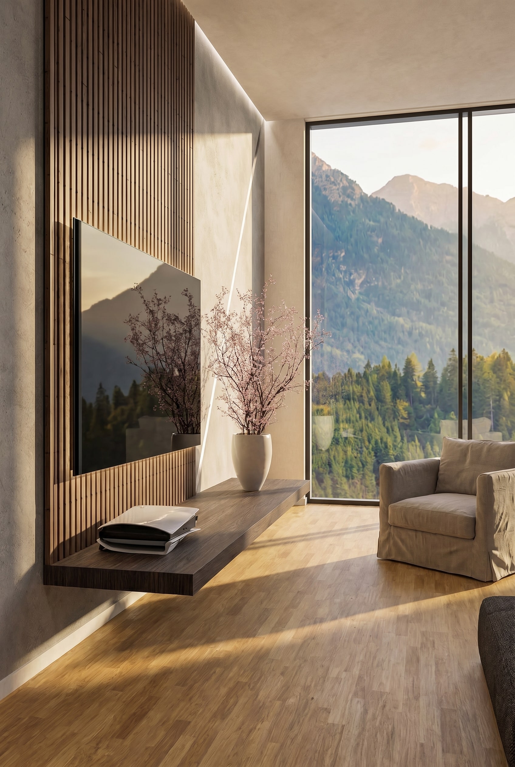 Living room wall unit with flat lowboard and vertical wooden slats with backlighting Living room wall unit with flat lowboard and vertical wooden slats with backlighting