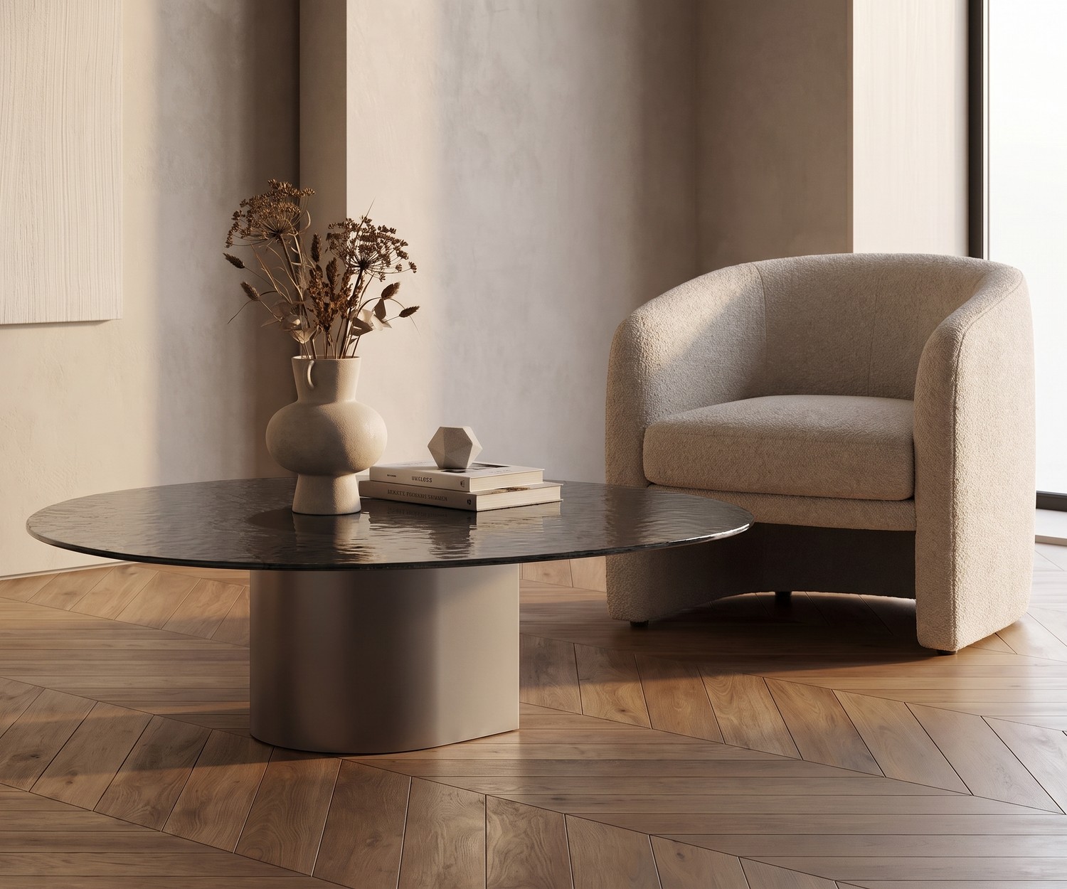 Couchtisch fürs Wohnzimmer al2 dakry 006 im eleganten Set aus Keramik und Holz vor modernem grauem Ecksofa.