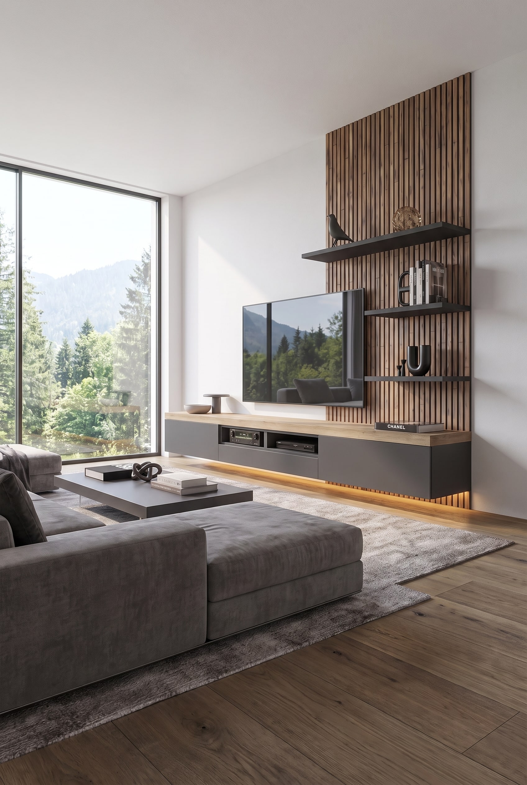 Tidy living room with floating lowboard in matte white and indirect lighting