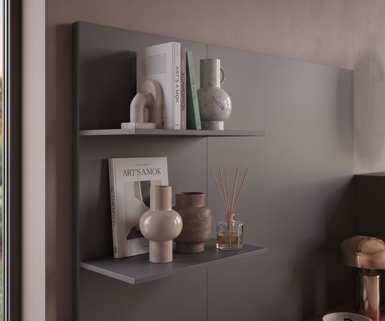 Novamobili Easy 9 wall shelf panel for books and decoration in a modern living room or hallway, minimalist grey design.