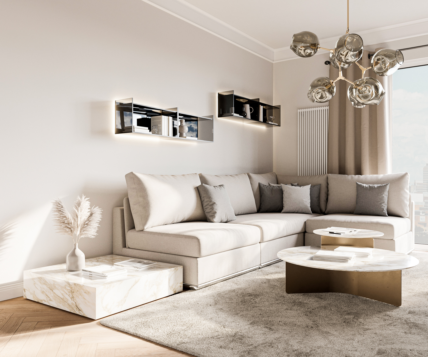 Designer Wandregal aus Glas von Livitalia im Wohnzimmer über Sofagruppe