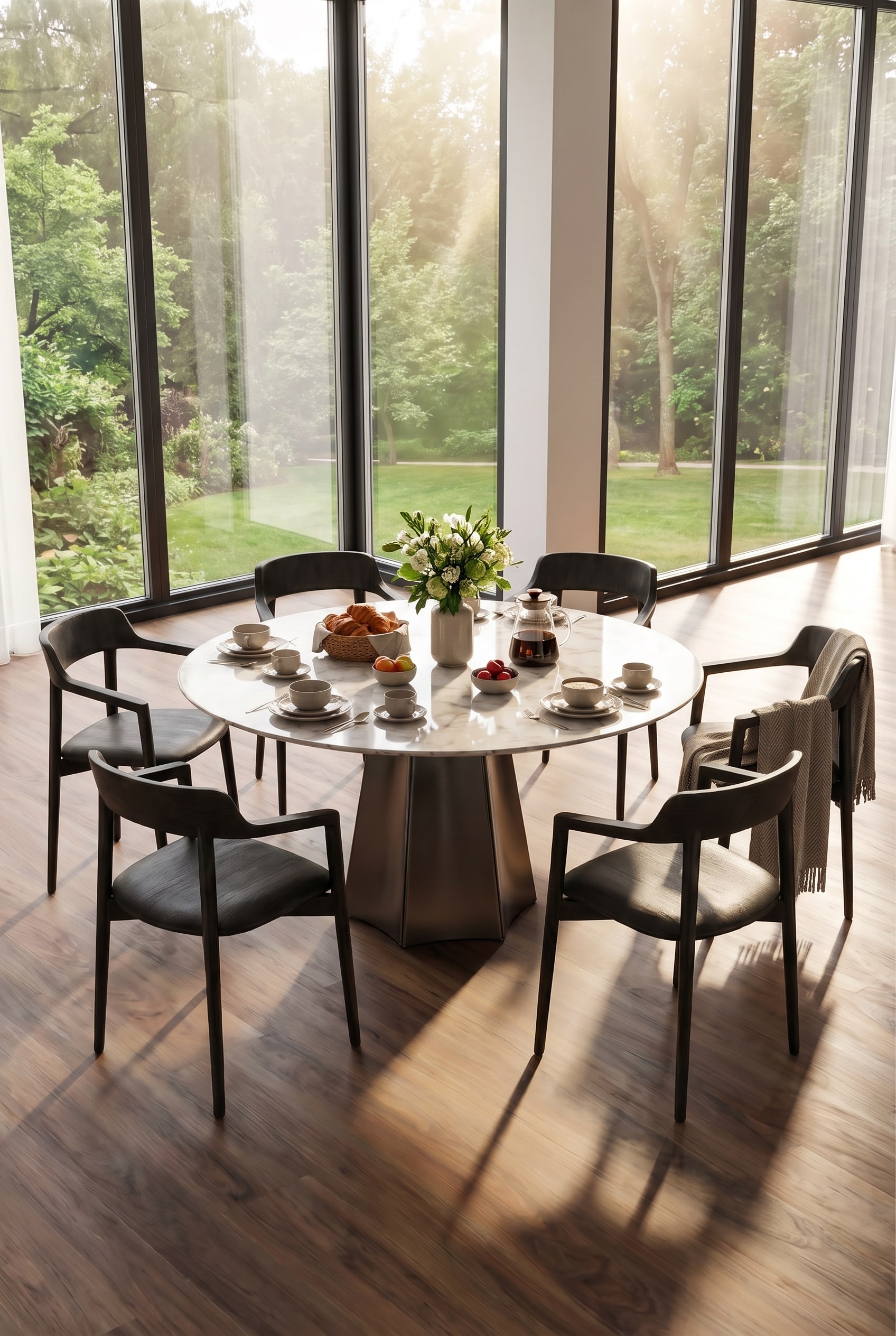 Een stijlvol gedekte Livitalia Keramische Eettafel Poliedro tijdens het familiale zondagsontbijt.