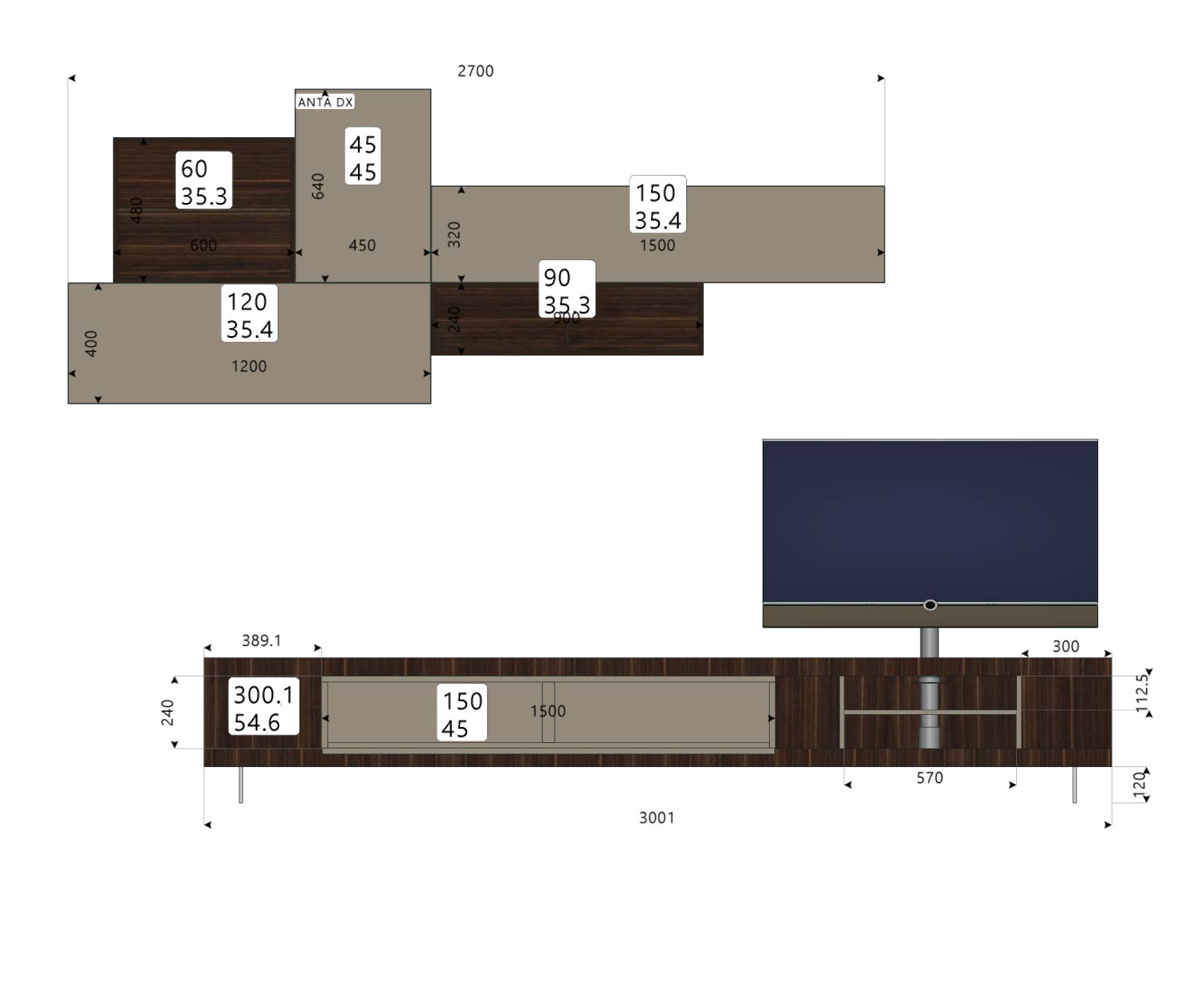 Livitalia Design Wohnwand C52 Skizze Größen Größenangaben Maße 