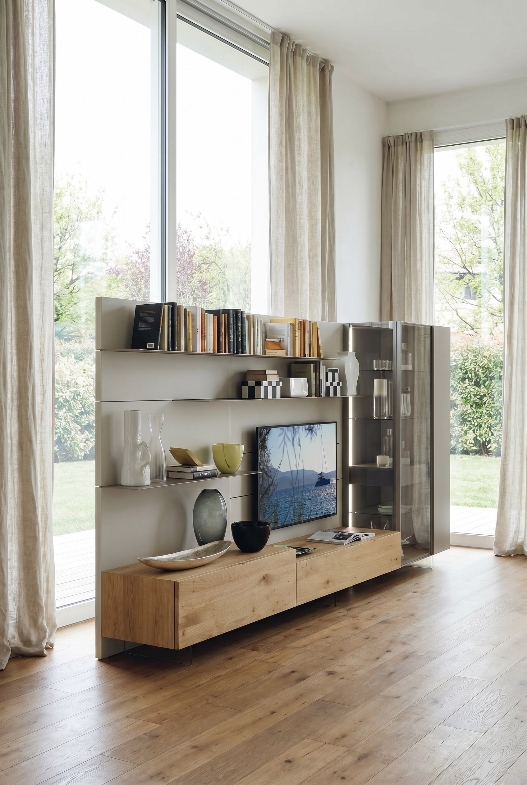 Woonwand met houten elementen en ge&iuml;ntegreerde, verlichte rookglazen vitrine