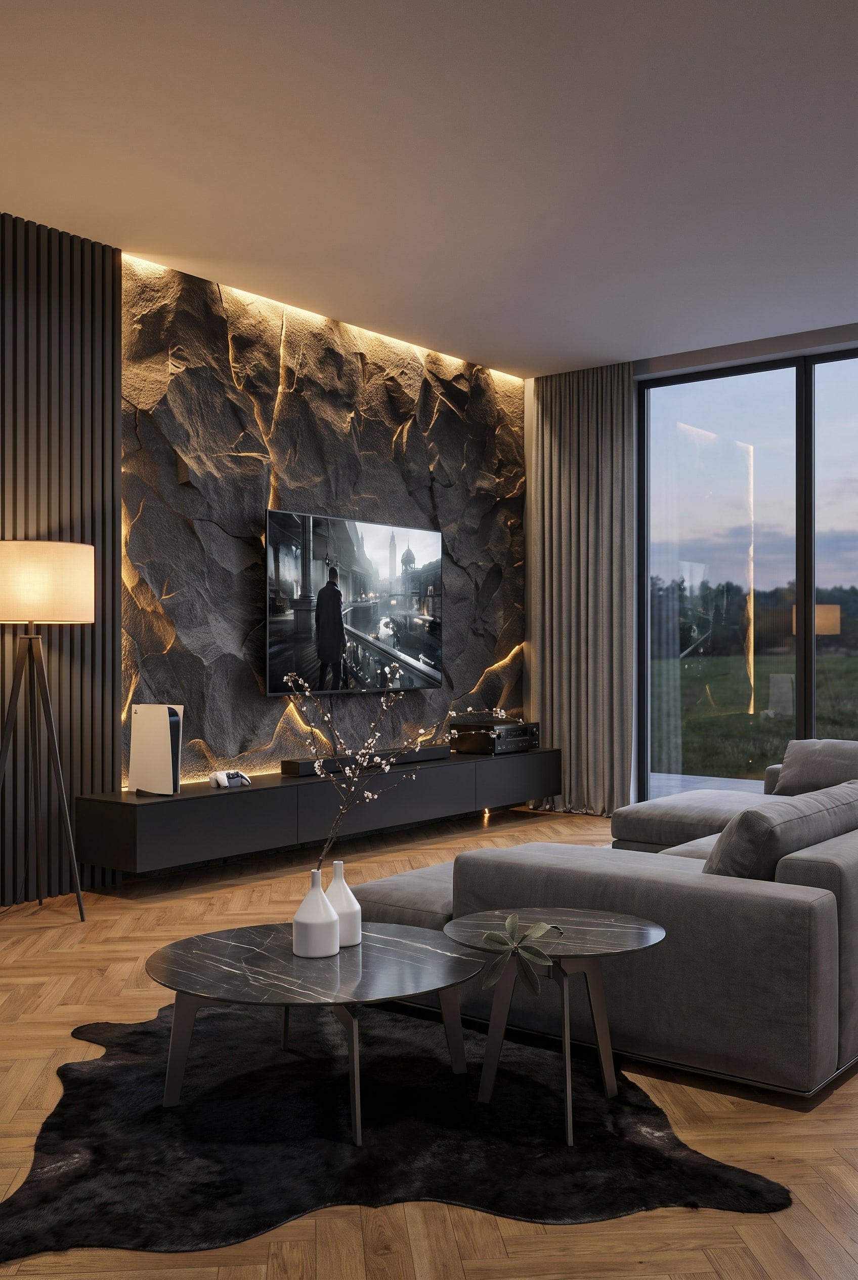 Een elegant ingerichte woonkamer met subtiele, warmwitte indirecte verlichting achter de monitor en een minimalistische bijzettafel naast de bank.