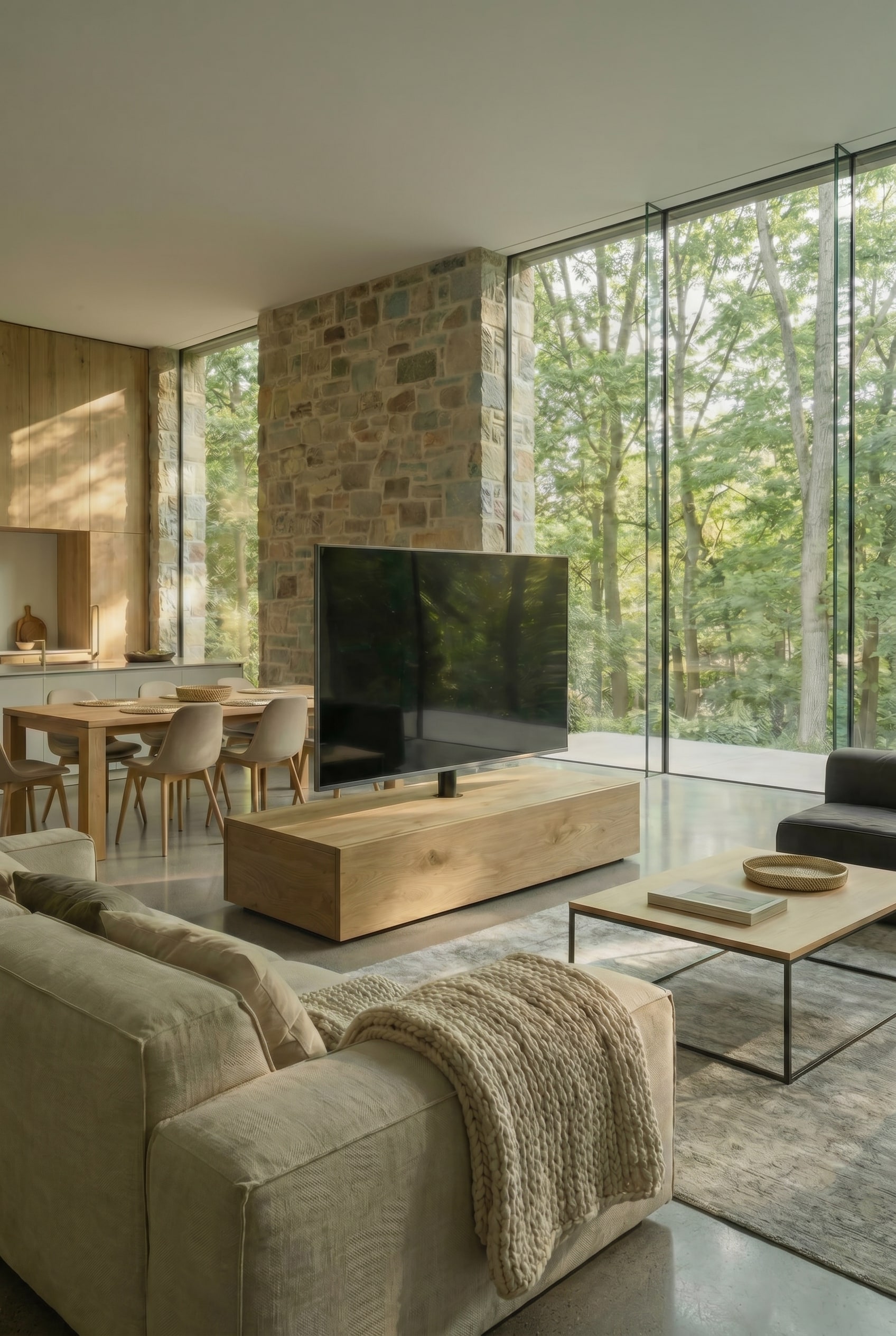 Moderne woonkamer met zwarte Livitalia Roto Slim TV roomdivider als vrijstaand element met draaibaar paneel