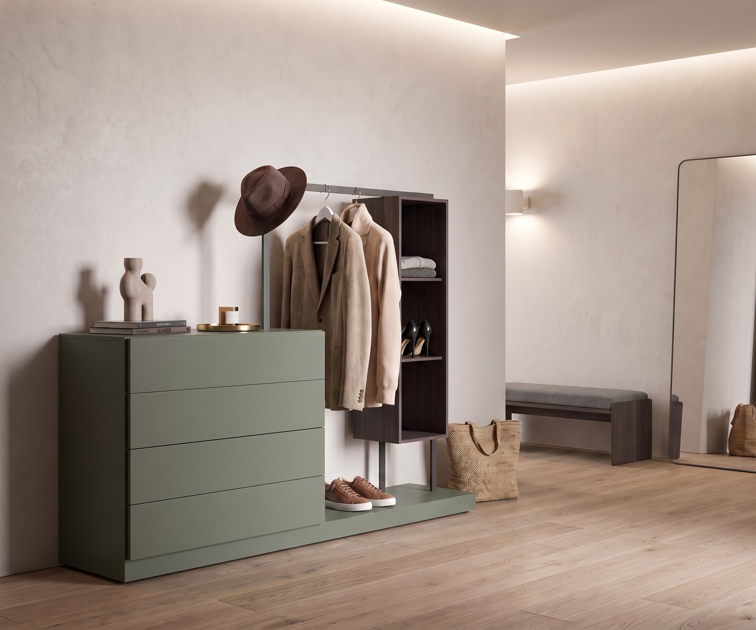 Novamobili Design Kommode Easy 4 mit Garderobe Kommode mit Garderobe Easy 4 im Flur, grünes Design-Flurmöbel mit Kleiderstange und Schubladen im minimalistischen Stil