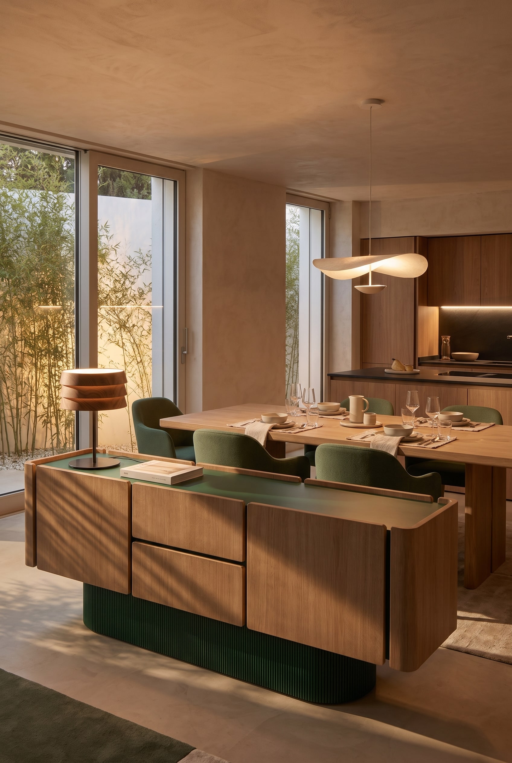 Madia moderna con frontali in rovere liscio e una base scanalata distintiva di colore verde scuro davanti a una finestra