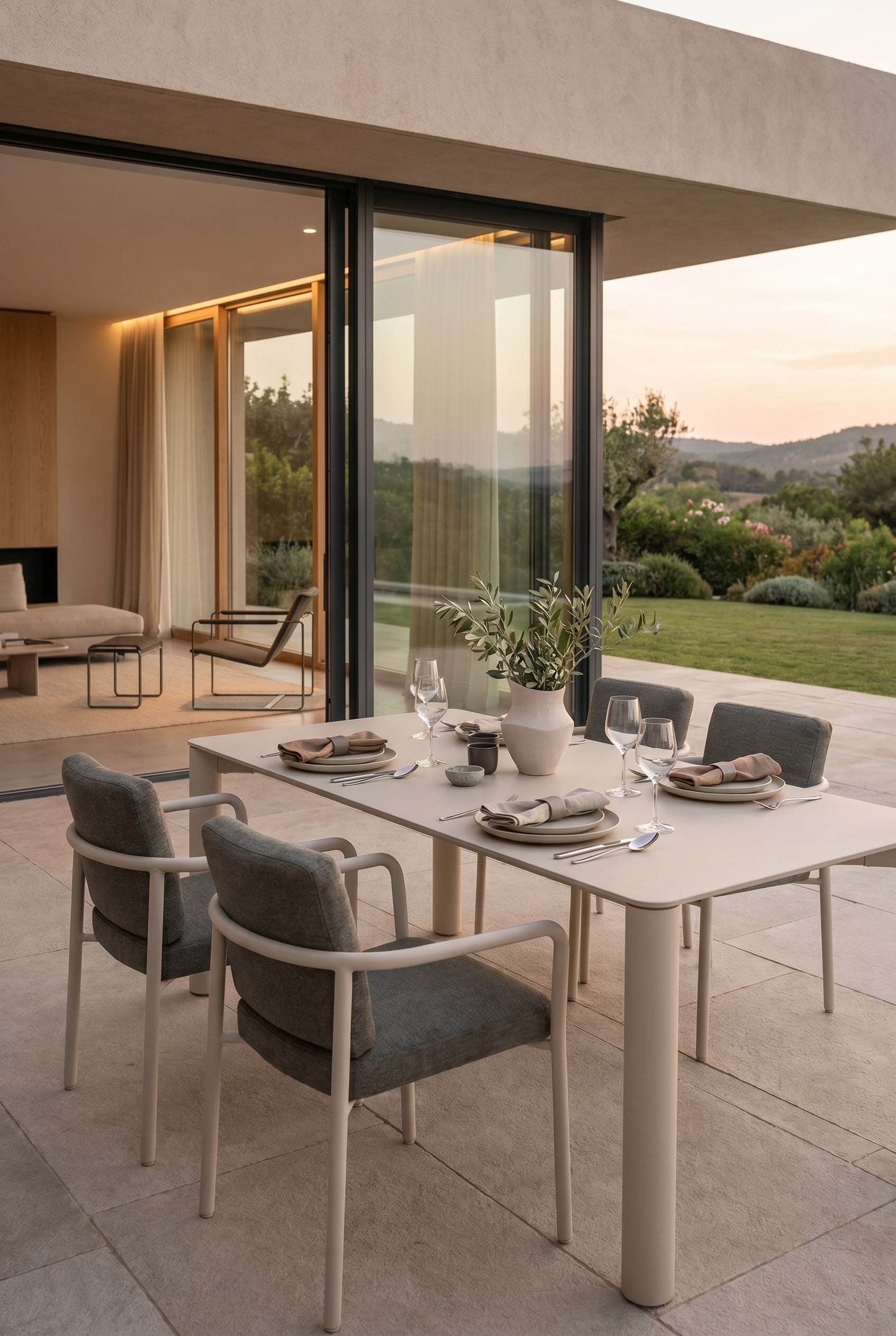 Moderne Gartenterrasse mit großem Outdoor-Esstisch in minimalistischem Design und eleganter Tischdekoration