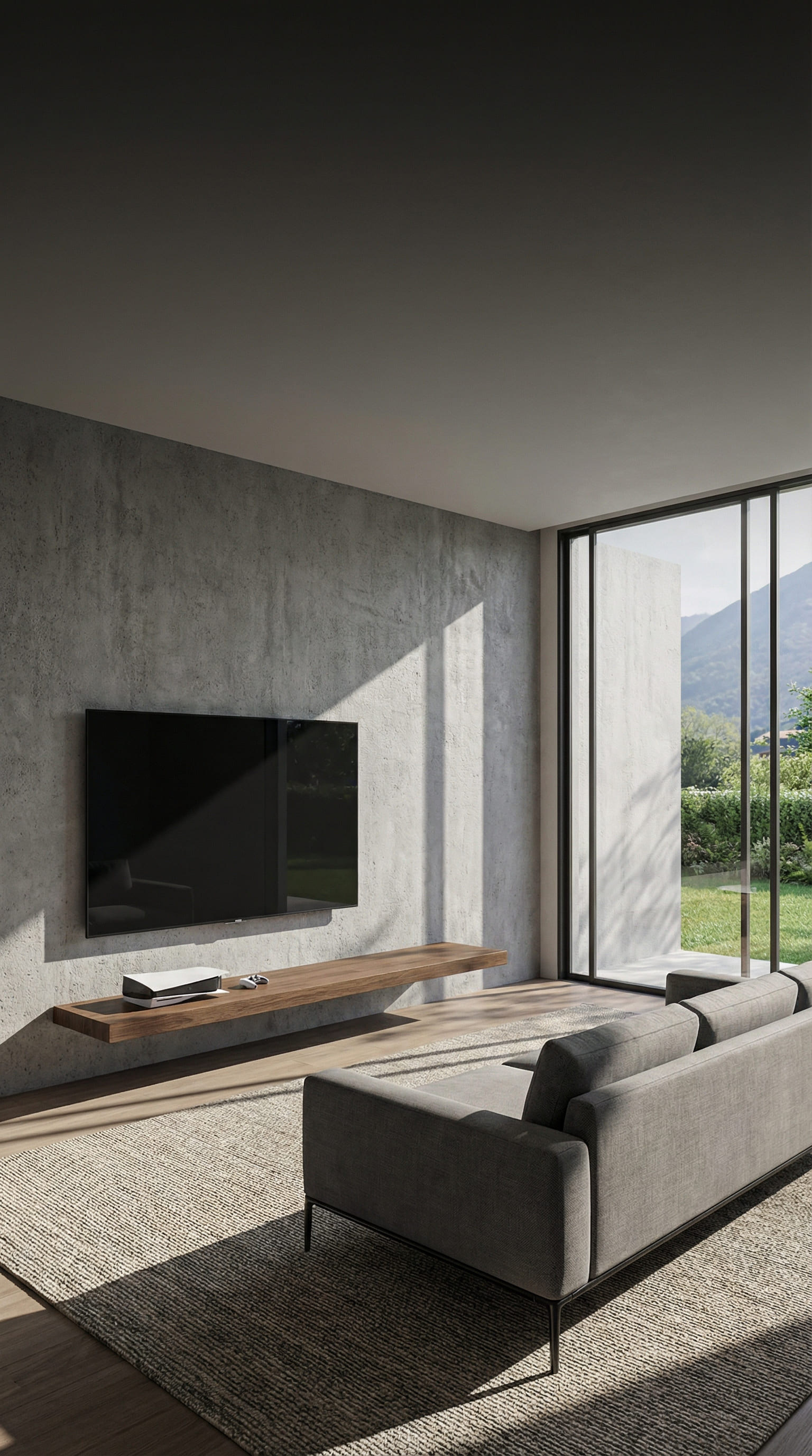 Minimalistisches Wandboard aus dunkler Eiche schwebend unter TV Minimalistisches Wandboard aus dunkler Eiche schwebend unter TV