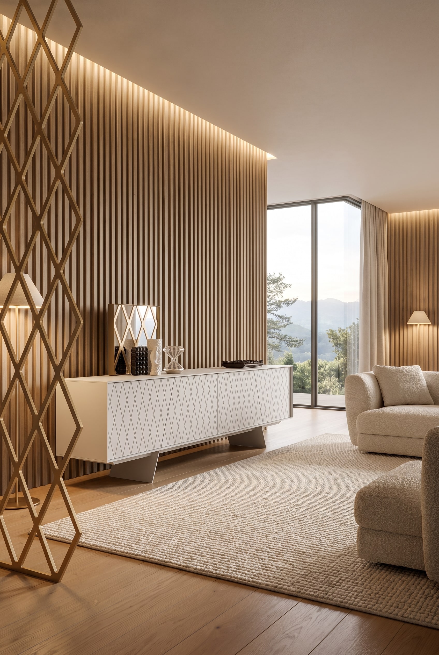 Spacious living room in a tone-on-tone design with a substantial al2 e-klipse 003 Sideboard, whose sculptural relief fronts create striking plays of light and shadow.