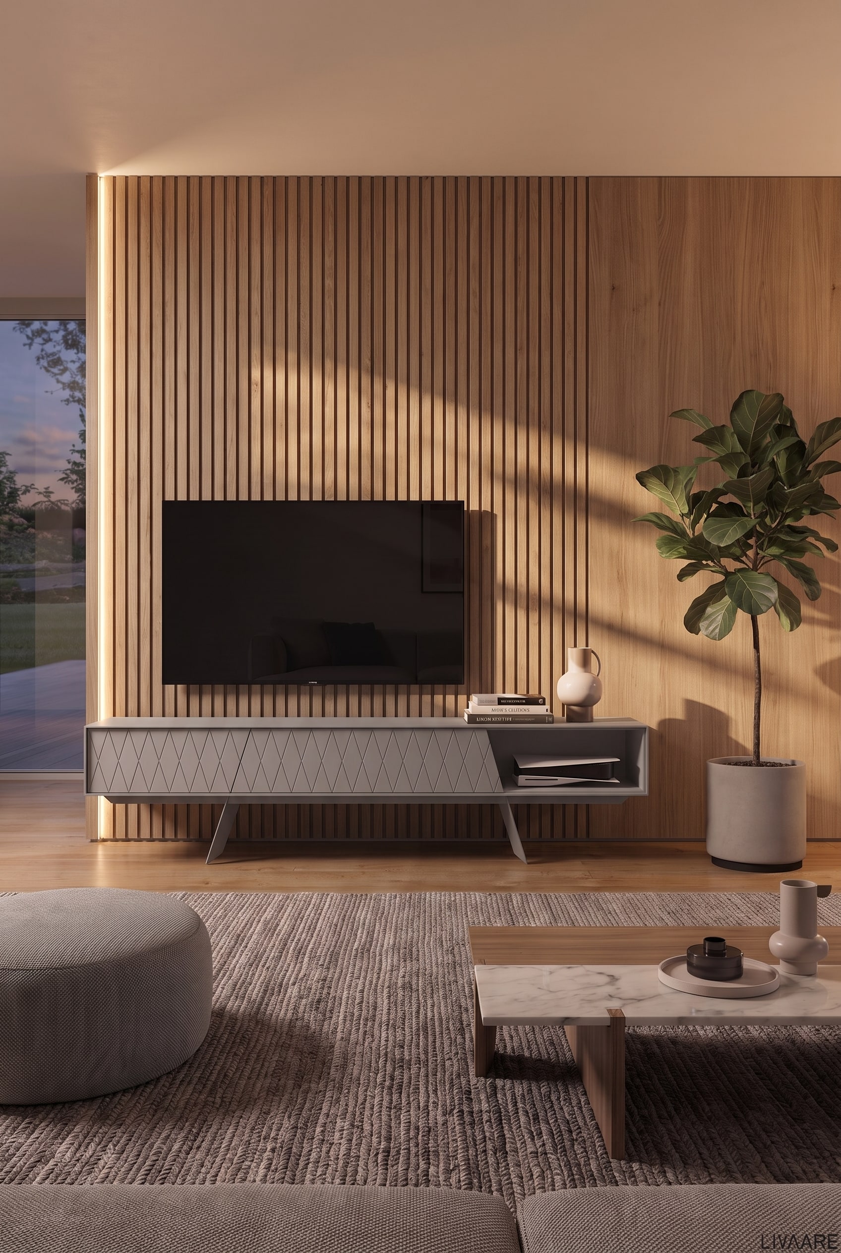 Woonkamer met zijdelings verlichte houten wand, een asymmetrisch lowboard op metalen poten en een grote groene plant aan de rand