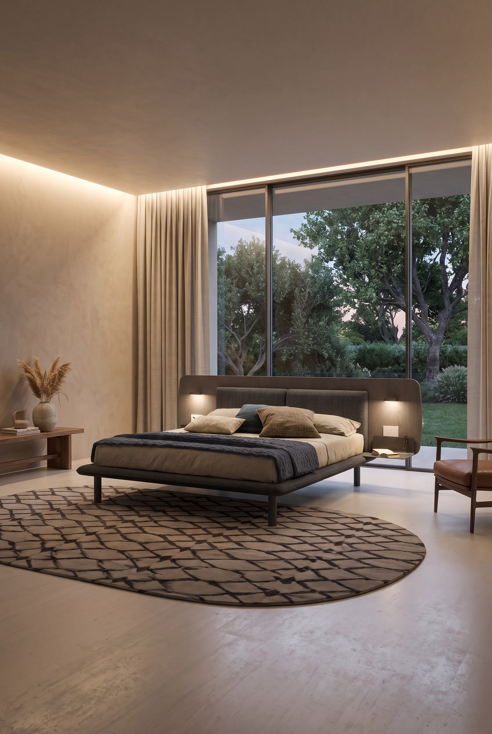 Zacht gebogen Novamobili Matisse Bed op een rond tapijt in een modern ingerichte slaapkamer