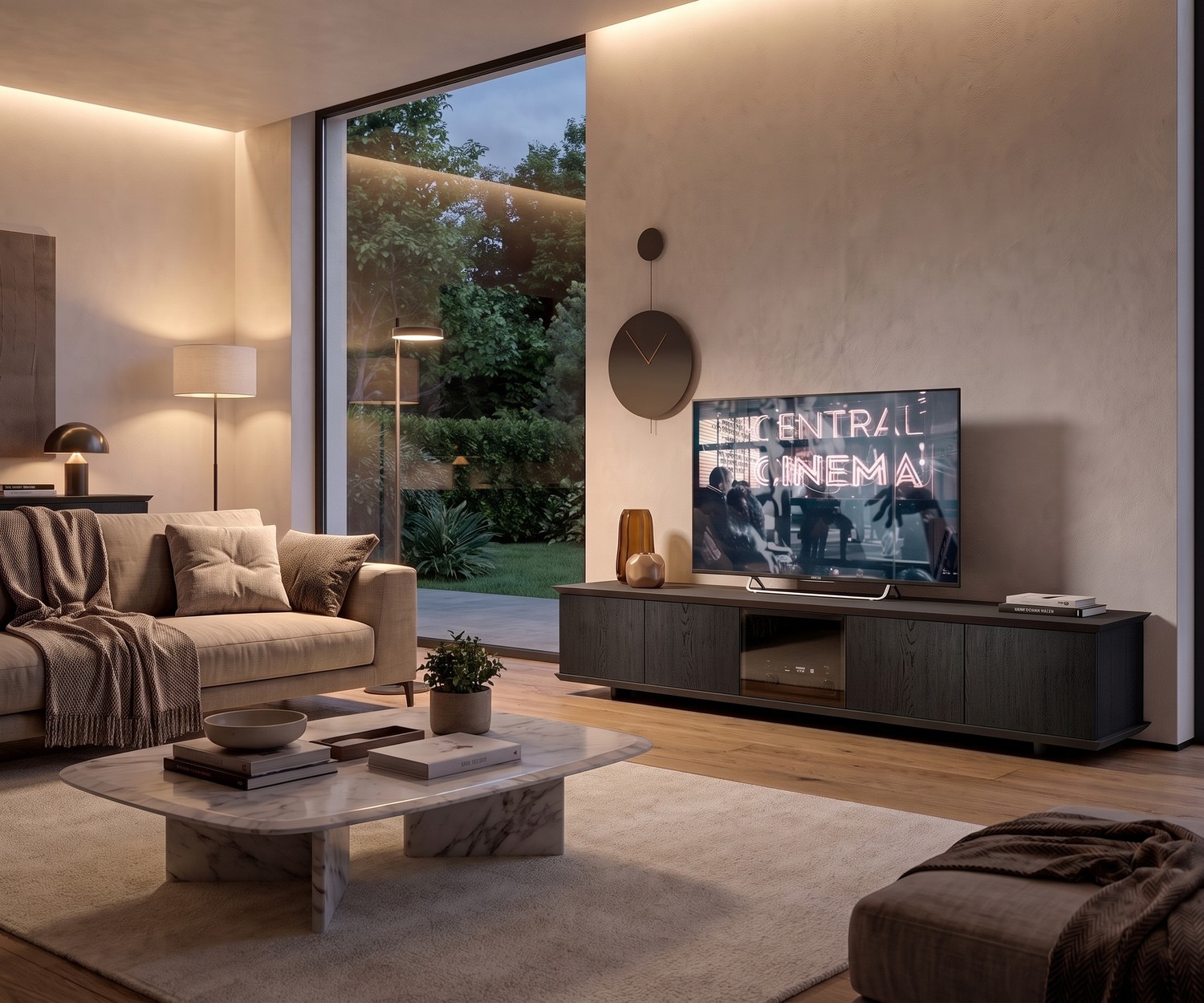 Ozzio Brera TV lowboard media unit in dark oak with smoked glass door. Modern living room sideboard for television.