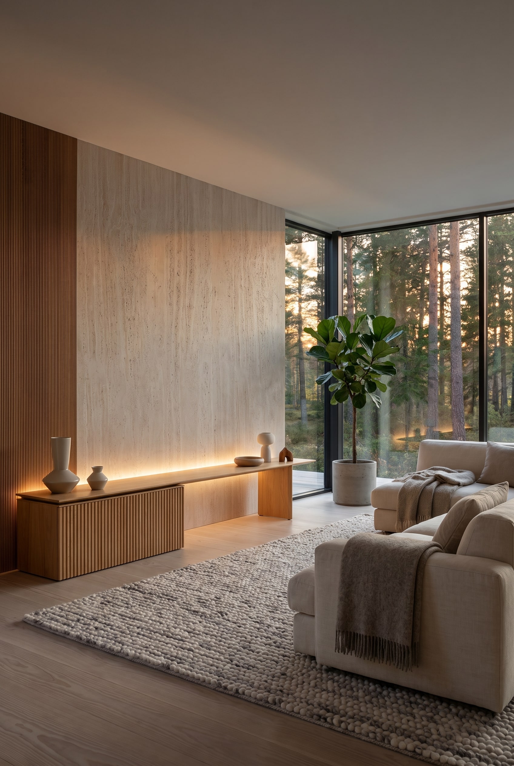Het minimalistische Punt Velasca Sideboard van licht hout met lamellenstructuur voor een vrijgelaten wand in een Scandinavische woonkamer.