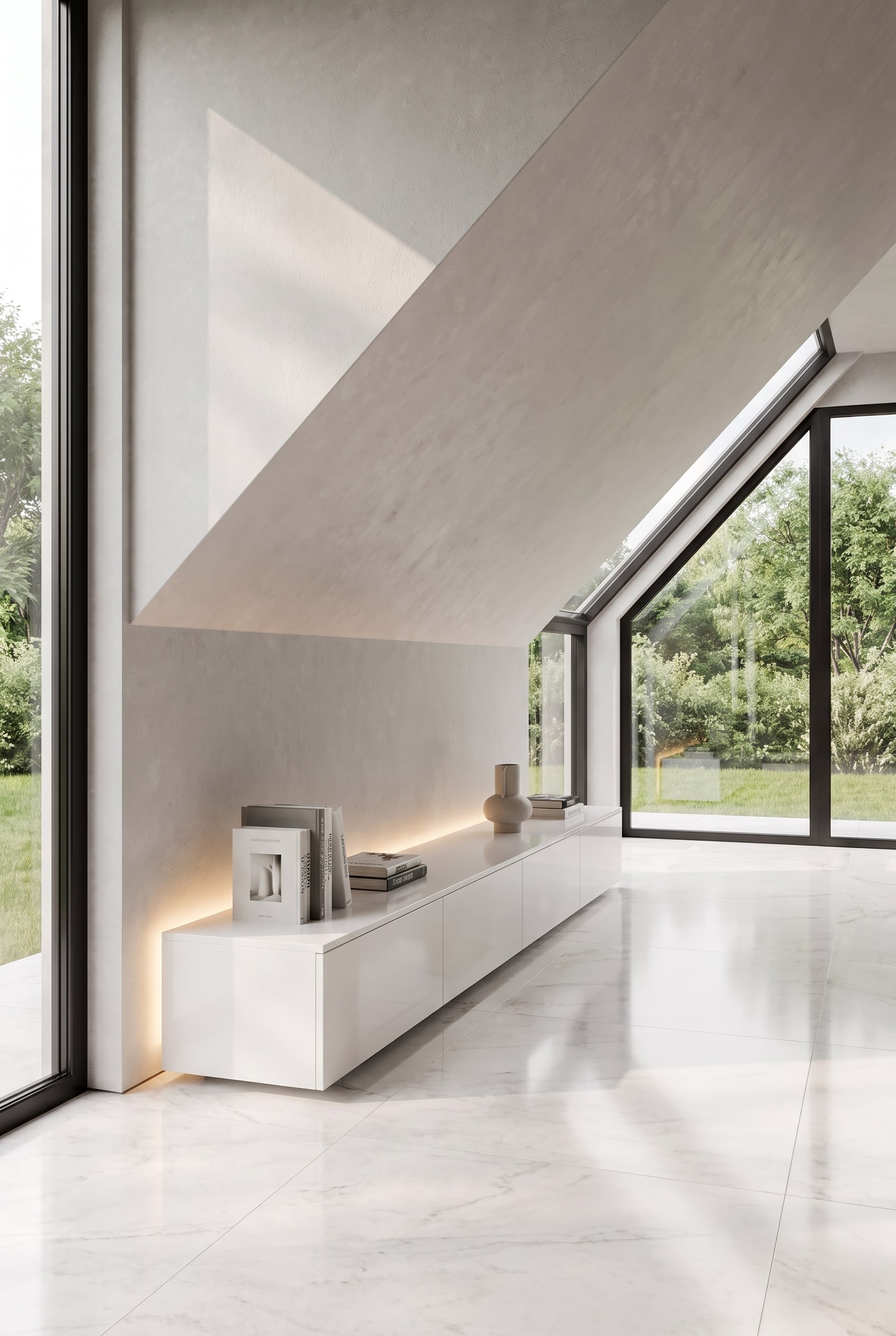Moderne woonkamer op zolder met doorlopend, wit lowboard onder een schuin dak