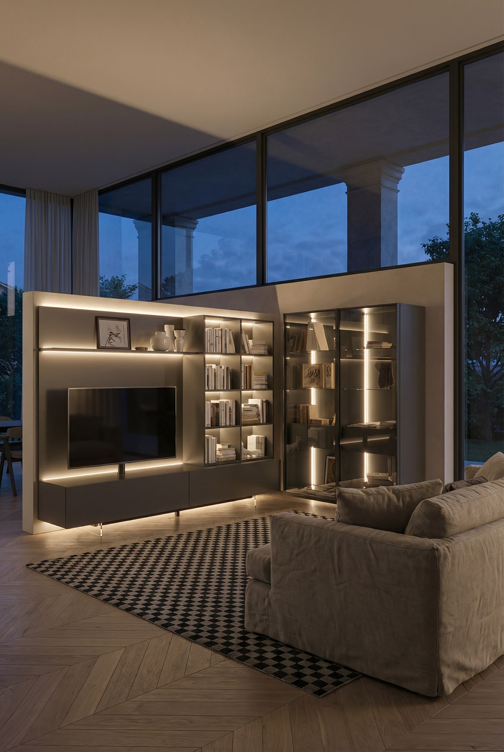 Wohnwand mit stimmungsvoller indirekter LED-Beleuchtung Wohnwand mit stimmungsvoller indirekter LED-Beleuchtung