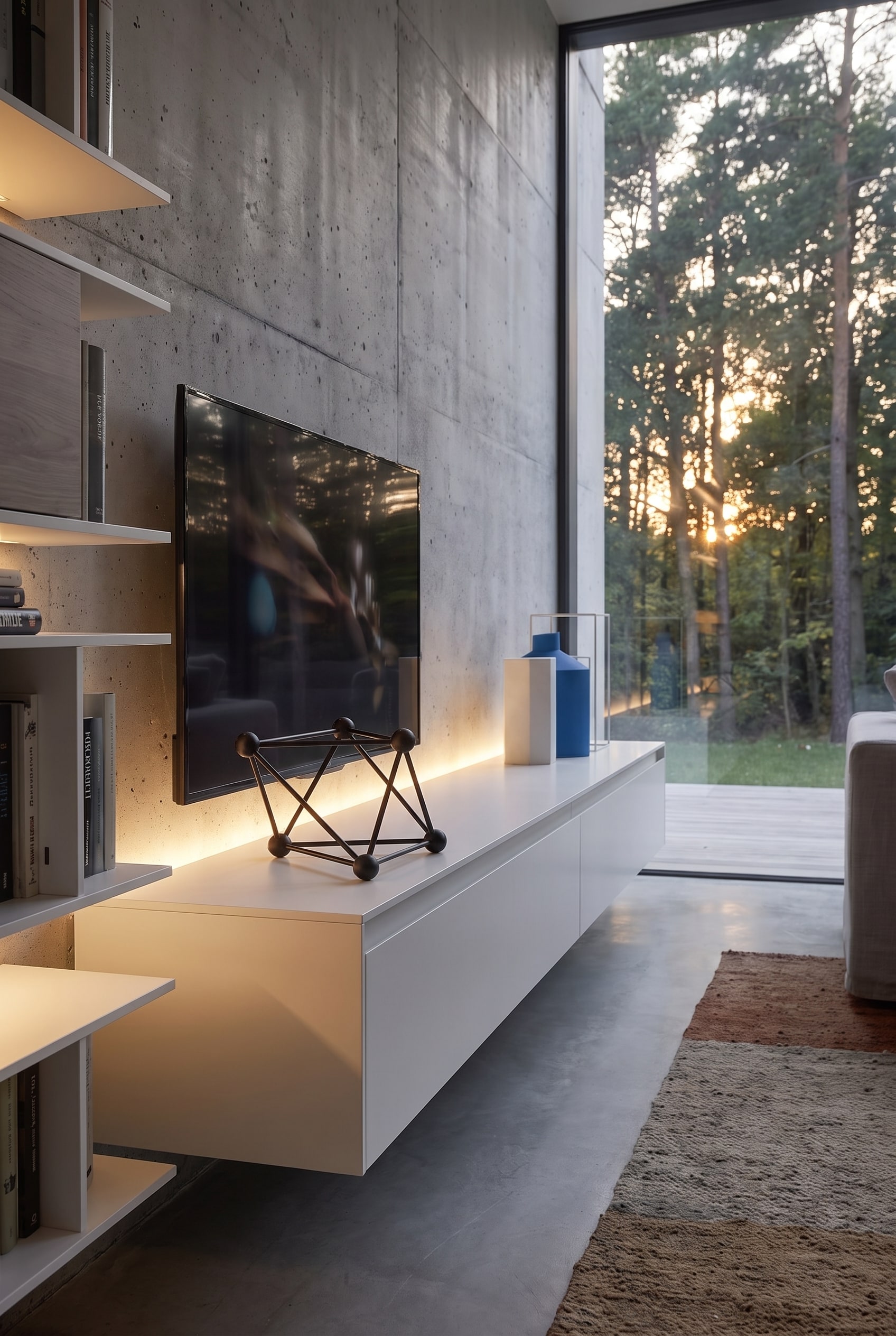 Zijaanzicht van het witte dressoir met geometrisch decoratieobject en indirecte led-verlichting op zichtbeton.