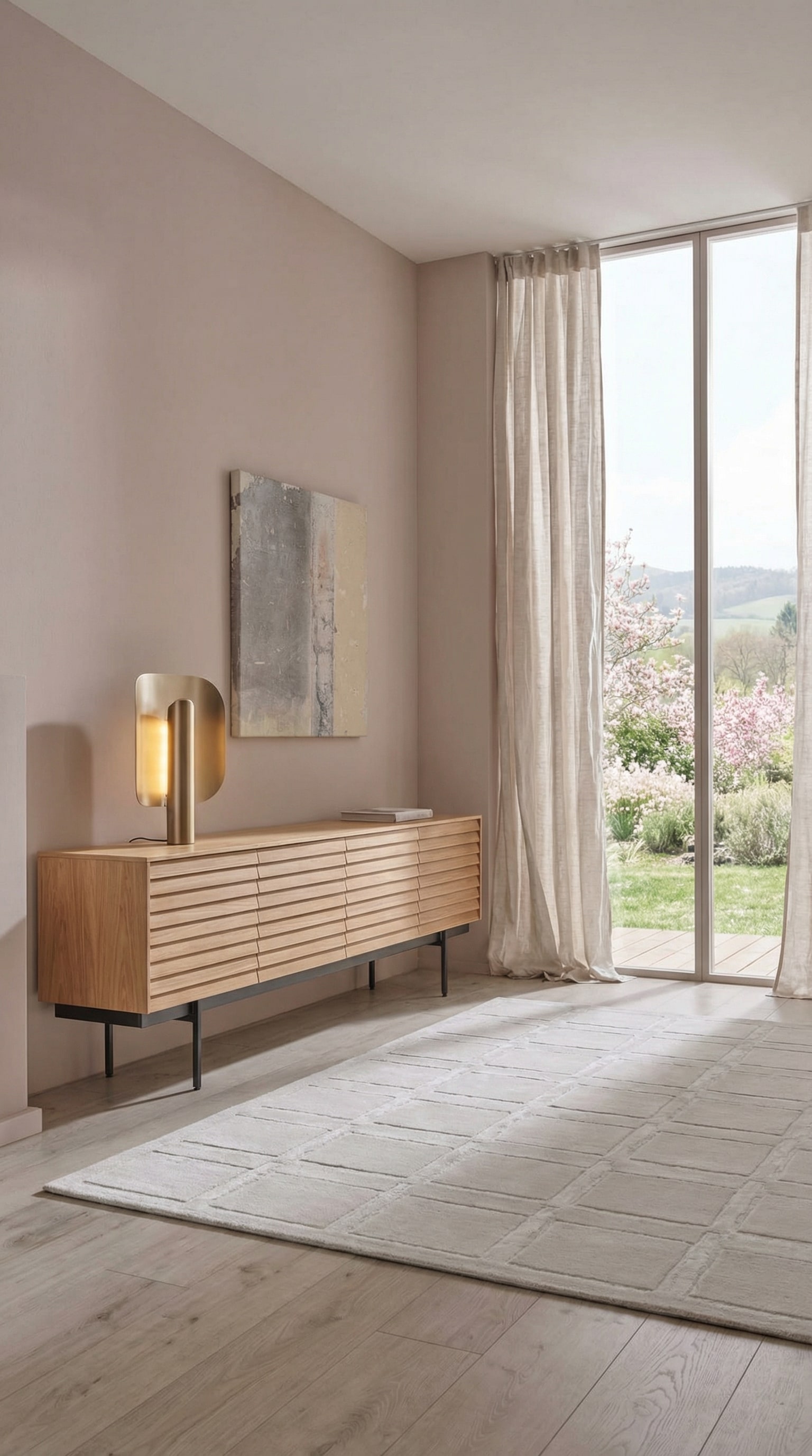 Helles Sideboard aus Holz mit Lamellenfronten vor einer puderfarbenen Wand Helles Sideboard aus Holz mit Lamellenfronten vor einer puderfarbenen Wand