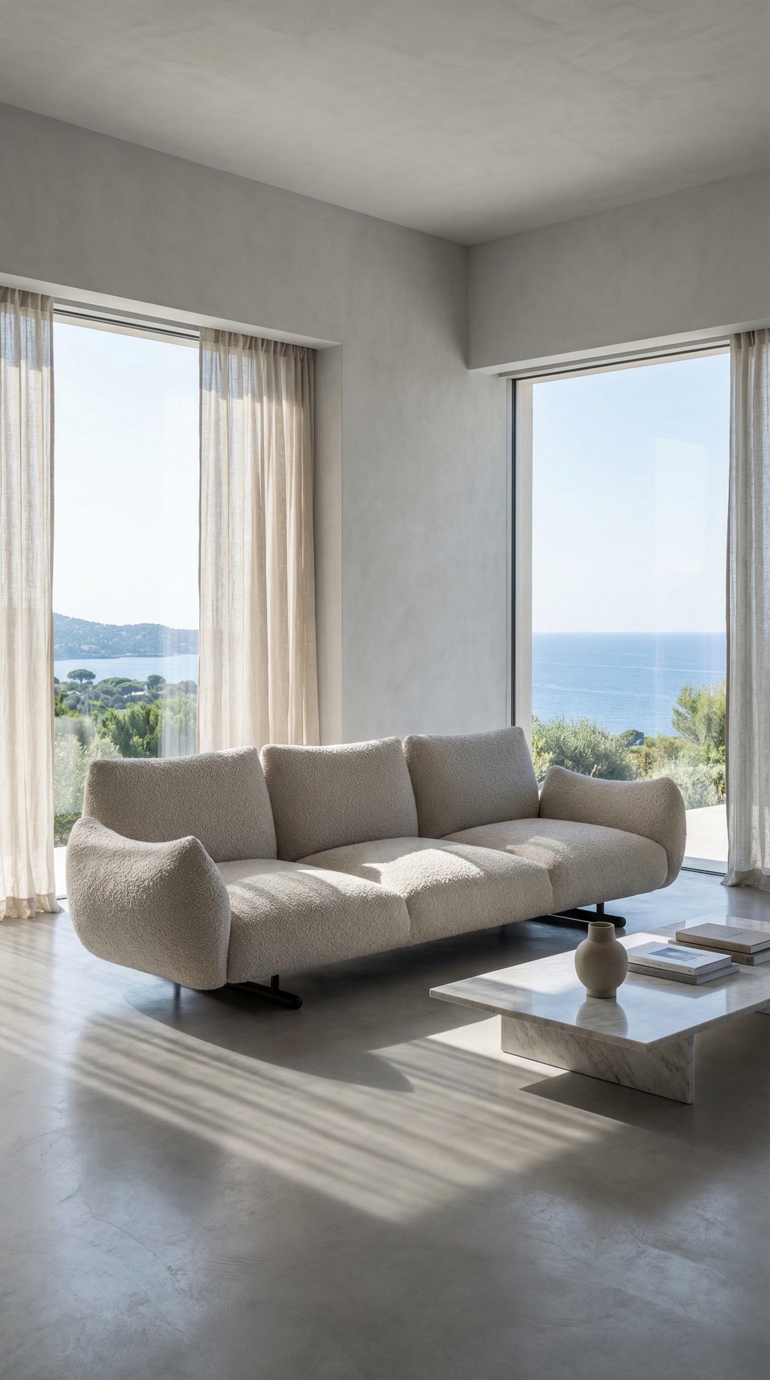 Volumin&ouml;ses beiges Boucle Sofa Prostoria Buffa in modernem Wohnzimmer